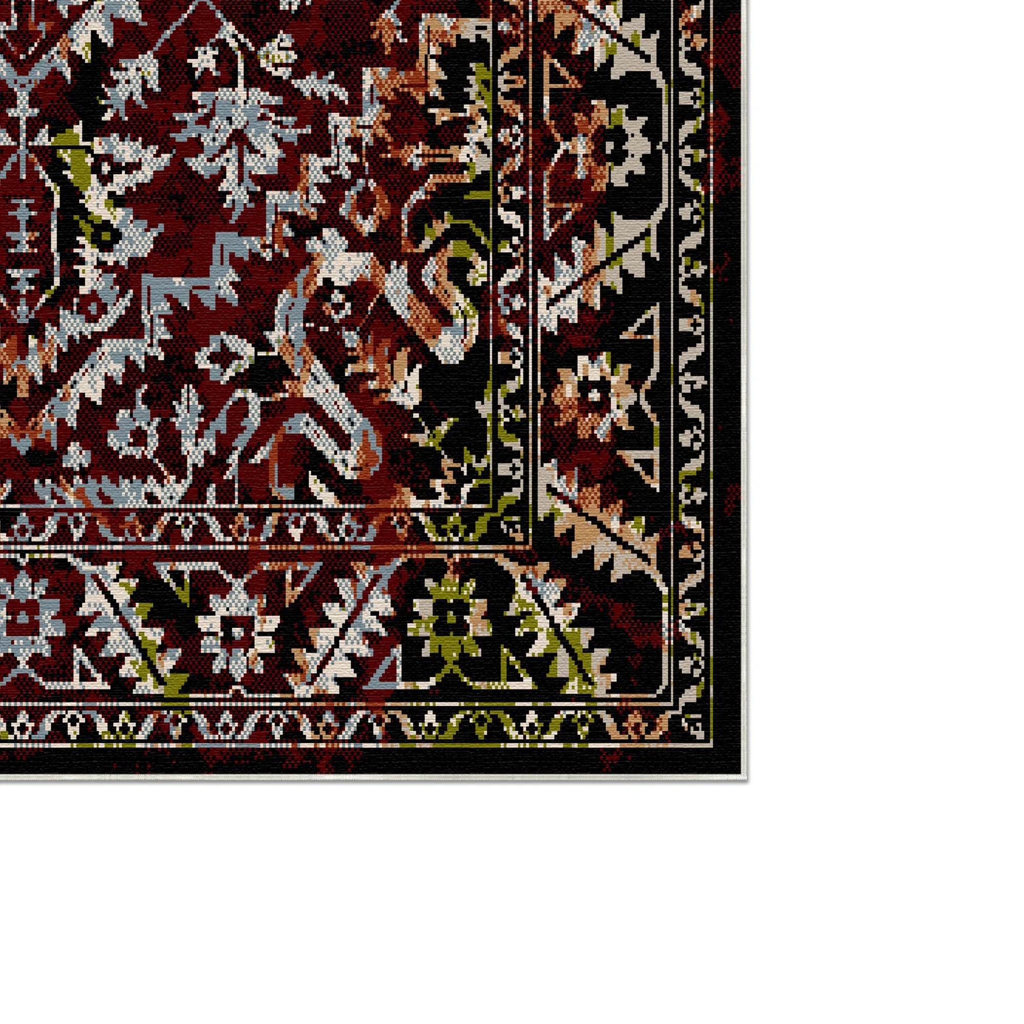 Nahaufnahme eines Teppichs mit einem floralen Muster in Granatrot, Schwarz, Grau, Grün und Beige