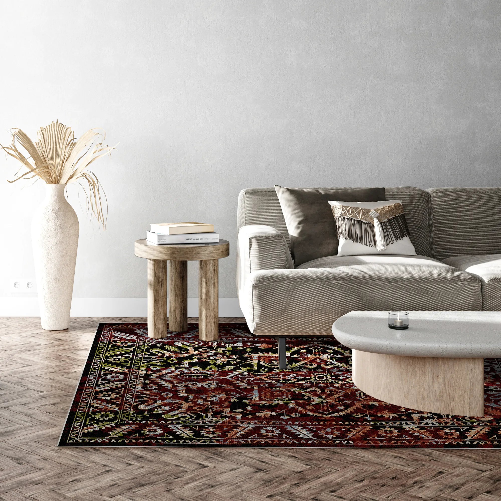 Roter Teppich mit schwarzen, grünen und weißen geometrischen Vintage-Mustern im Wohnzimmer