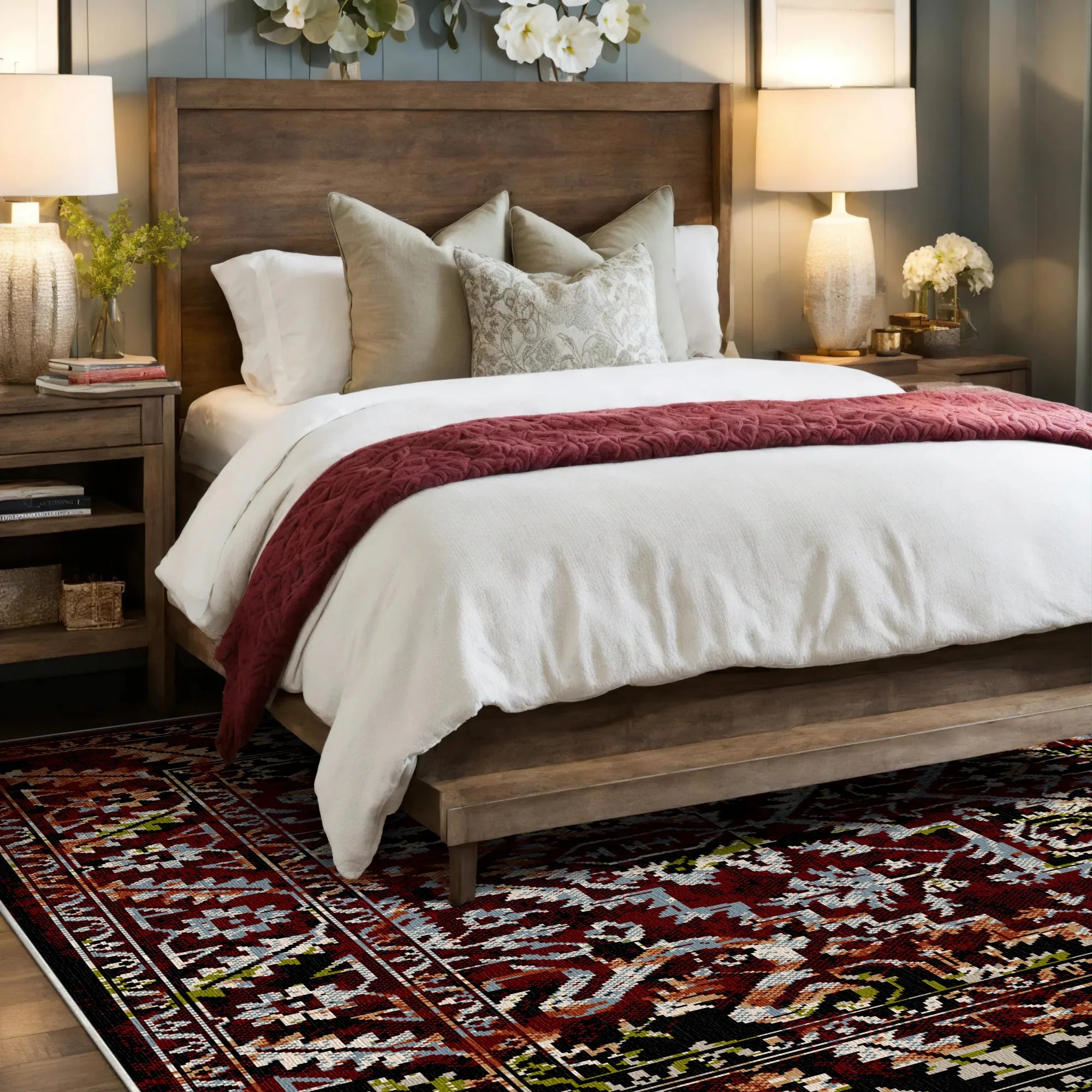 Vintage-Teppich im Retro-Stil mit granatroten, schwarzen, weißen und grünen geometrischen Mustern unter dem Bett