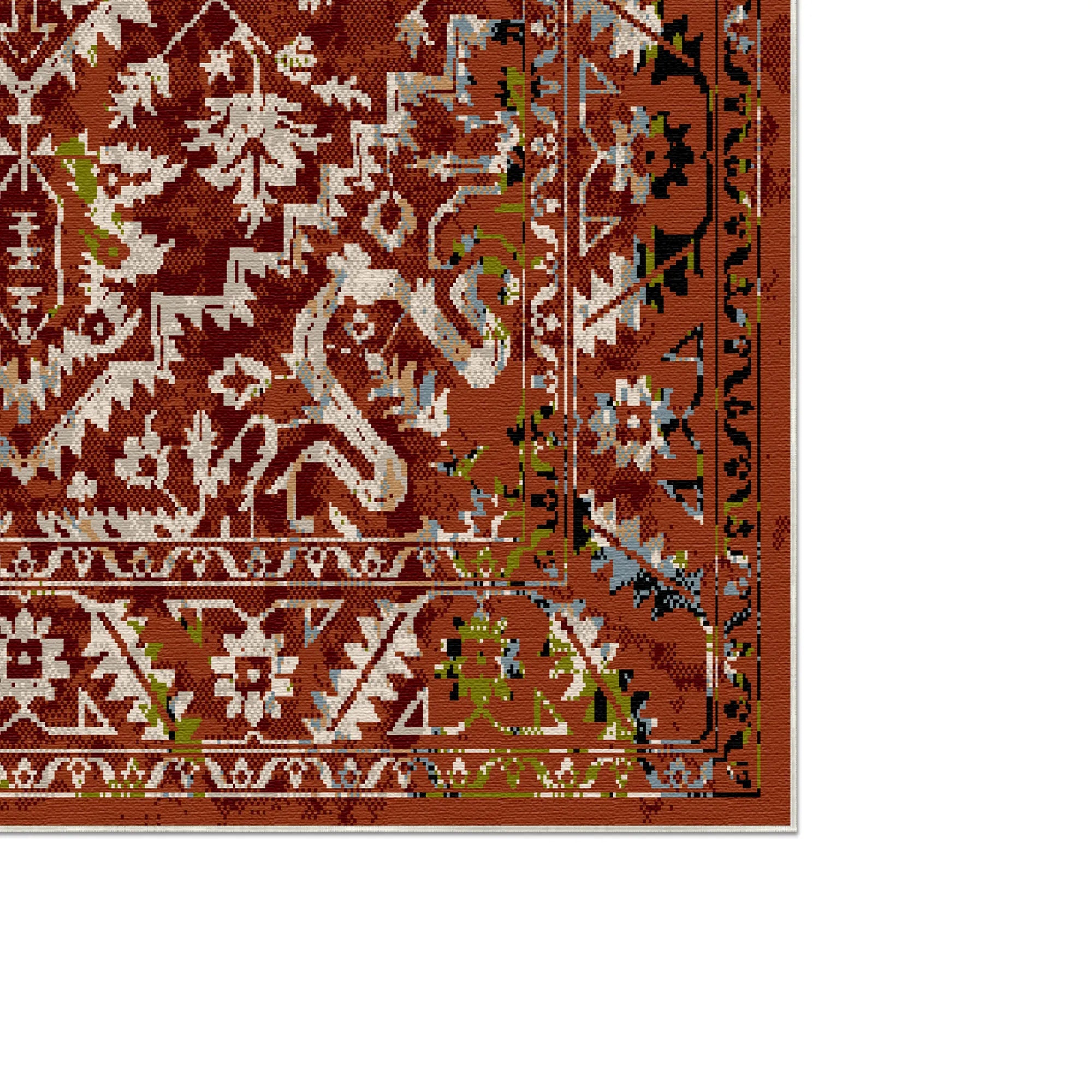Rostfarbener Teppich mit komplexen floralen und geometrischen Mustern in Creme, Grün, Schwarz und Blau
