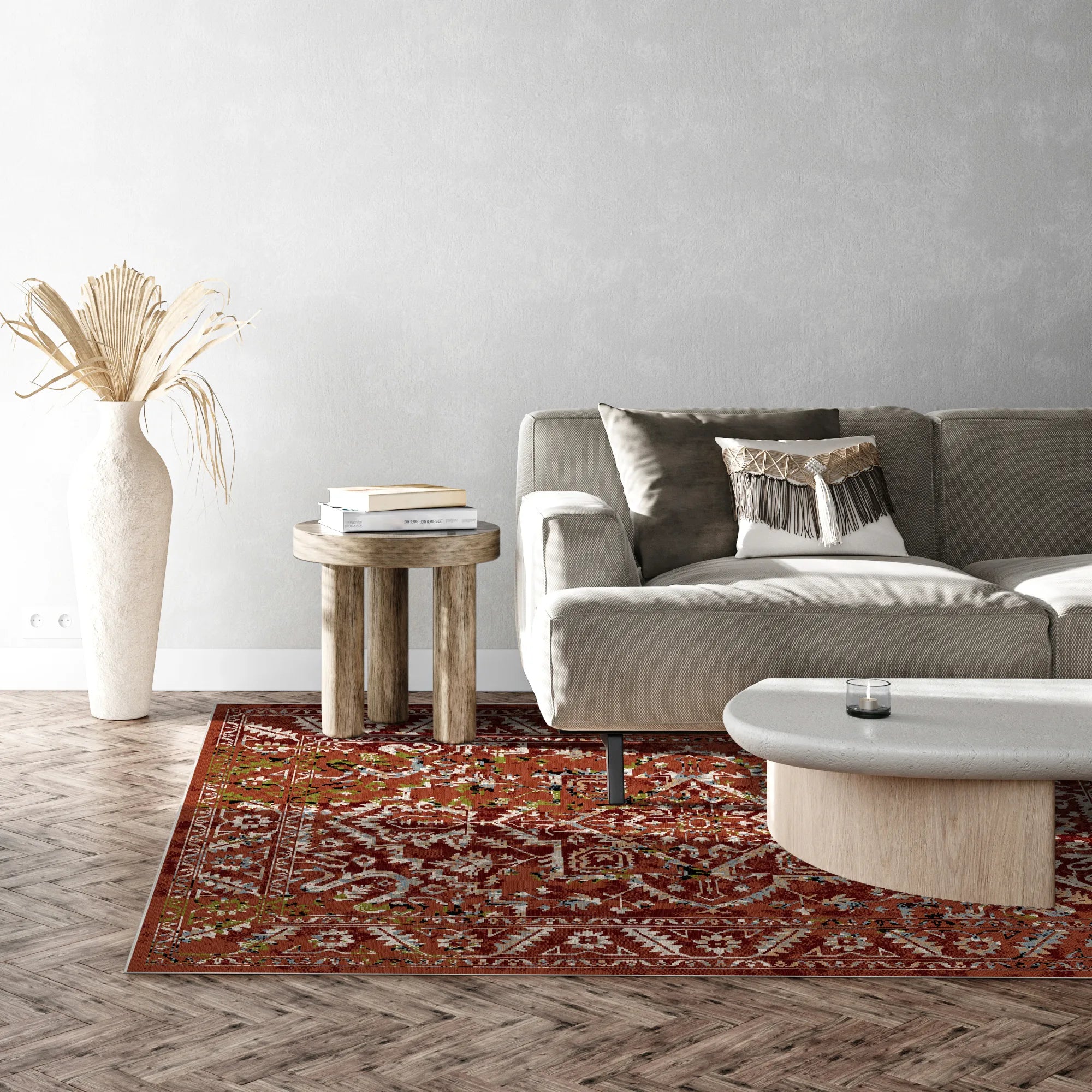 rostroter Teppich mit komplexen, vintage-geometrischen und floralen Mustern im Wohnzimmer