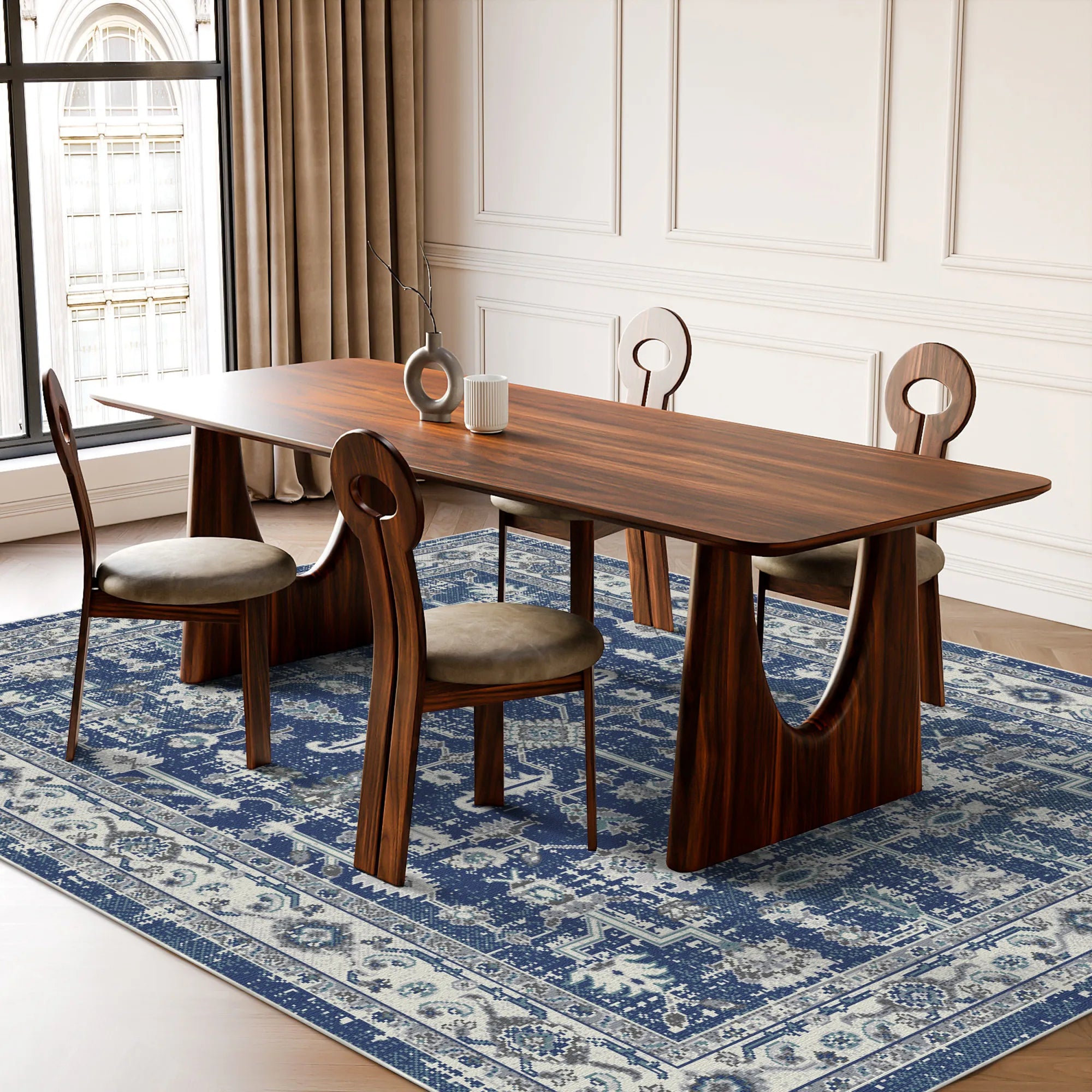 Porto Marineblau Traditioneller Waschbarer Teppich