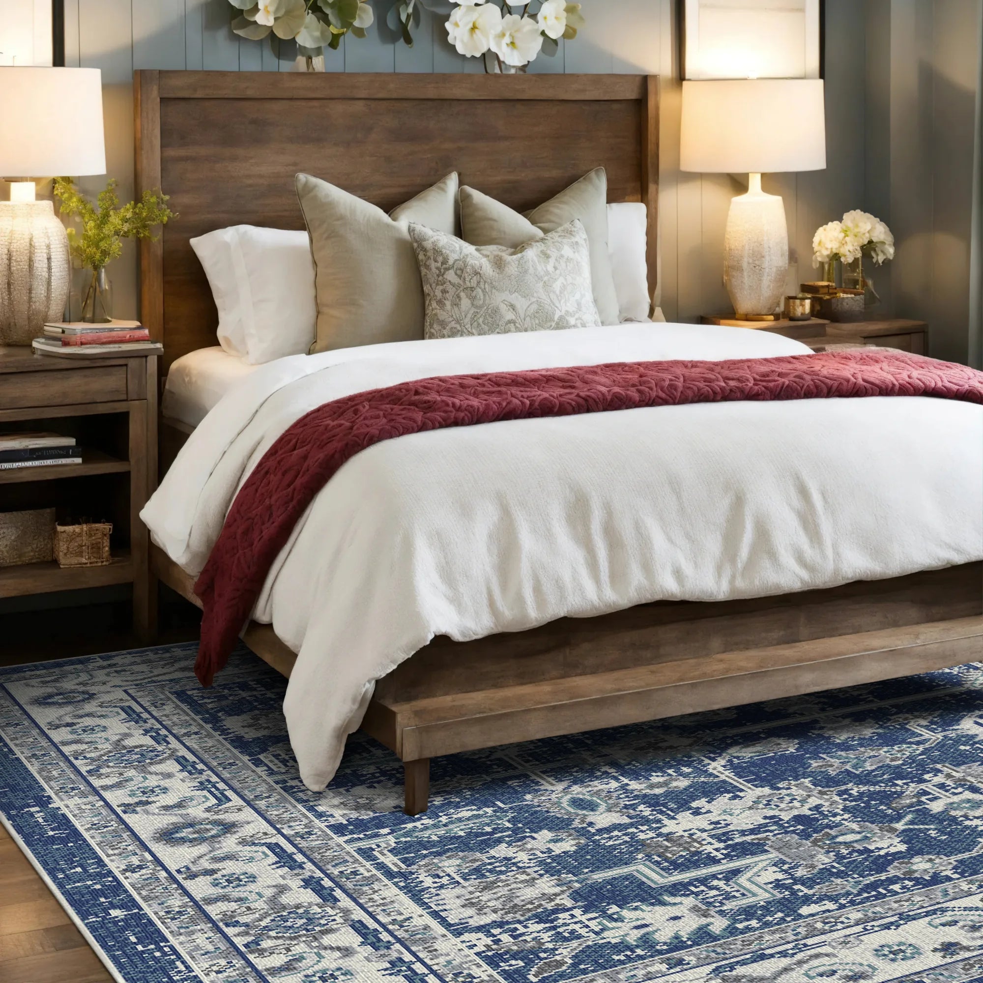 Porto Marineblau Traditioneller Waschbarer Teppich
