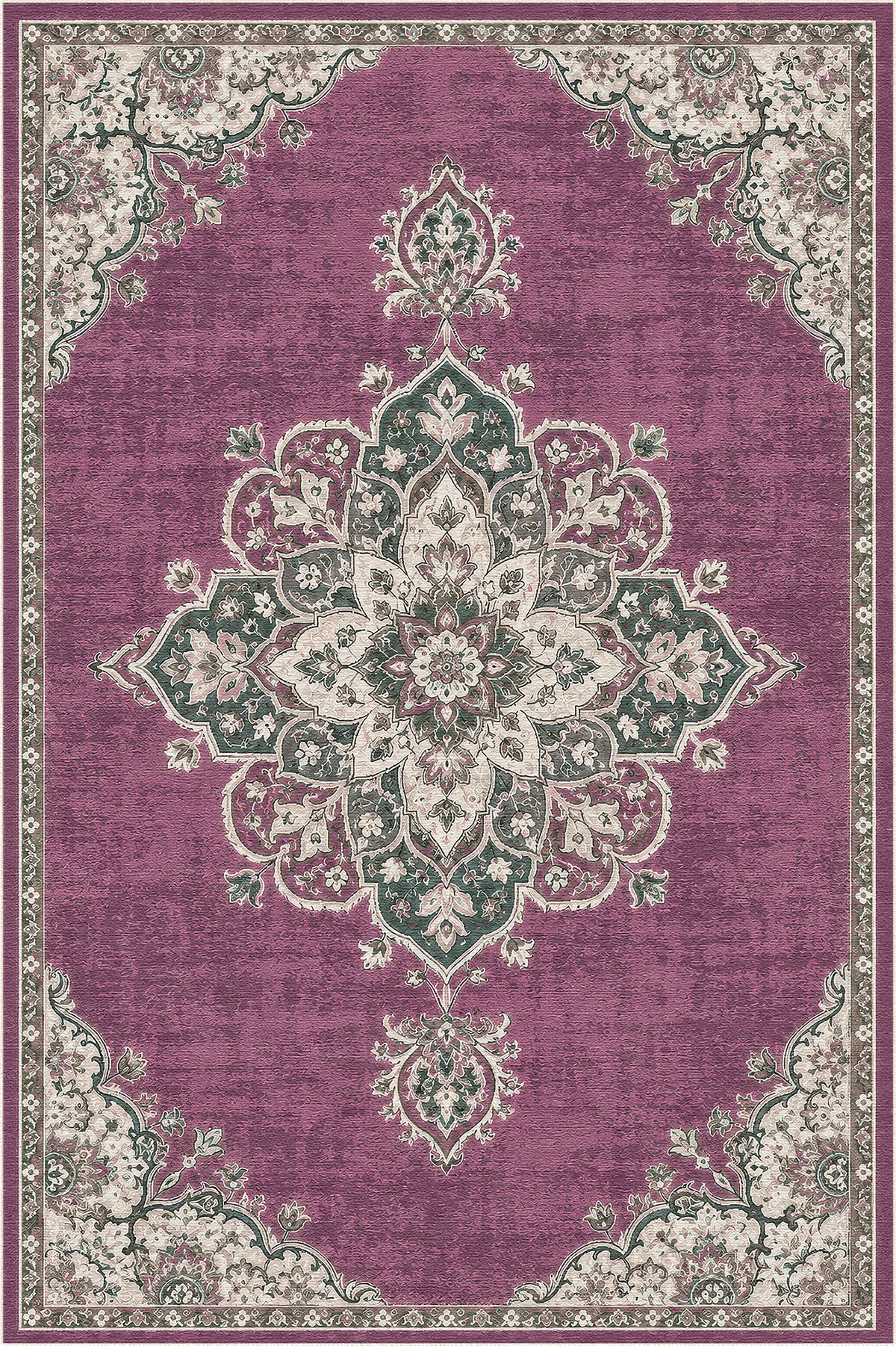 Teppich mit pflaumenfarbenem Hintergrund und filigranem floralen Medaillonmuster in Blau, Beige und Grün