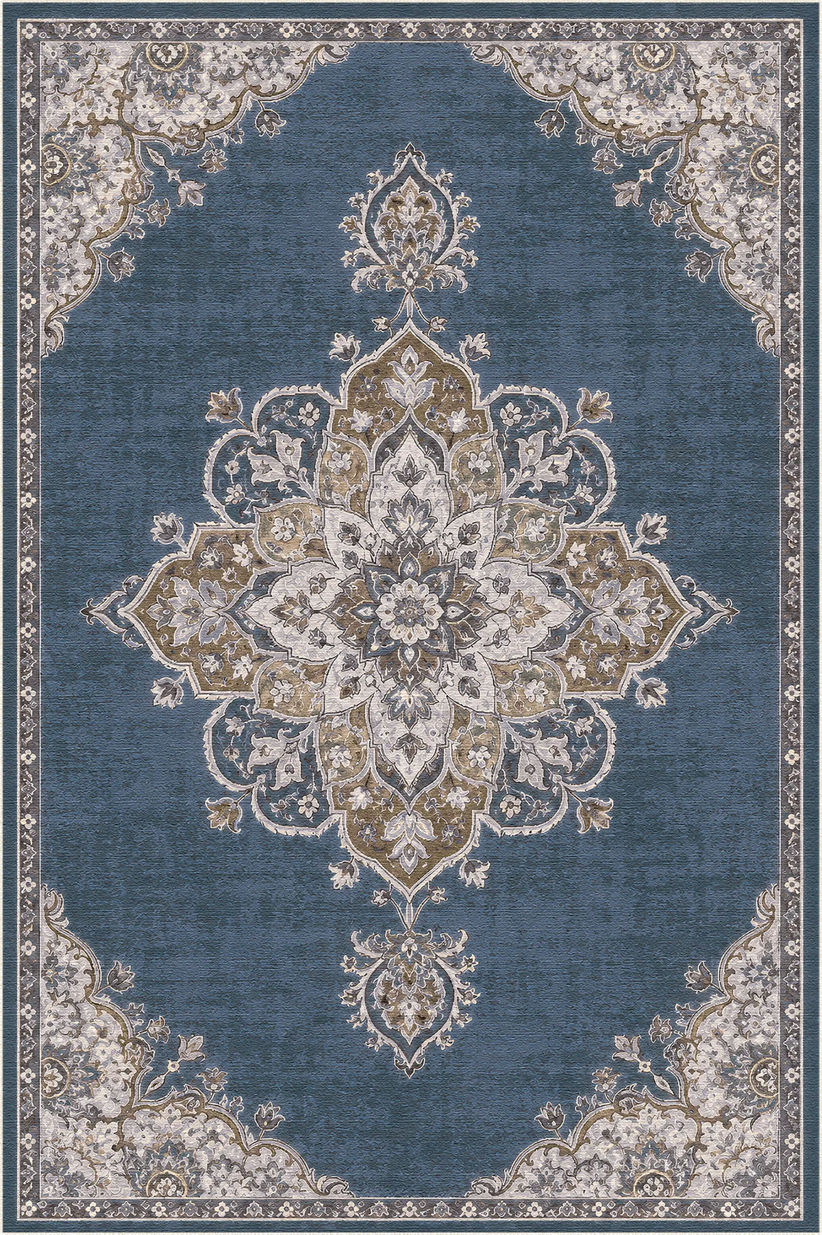 Teppich mit schieferblauem Hintergrund und filigranem floralen Medaillonmuster in Beige- und Rosttönen