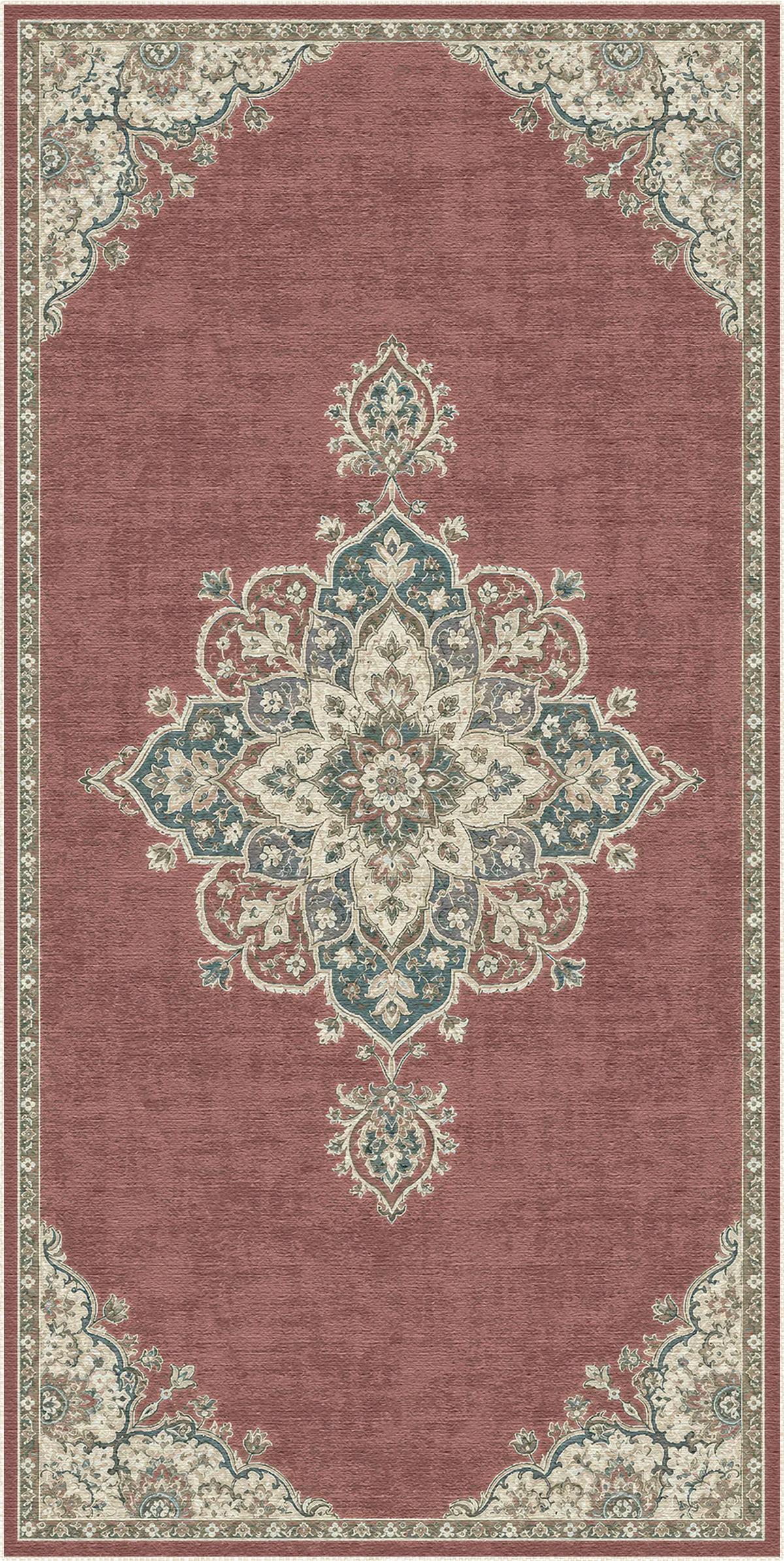 Ein rechteckiger Teppich mit traditionellem Medaillonmuster, einer altrosa Grundfläche, einem zentralen Medaillon in Petrol und Creme sowie einer passenden Blumenbordüre.