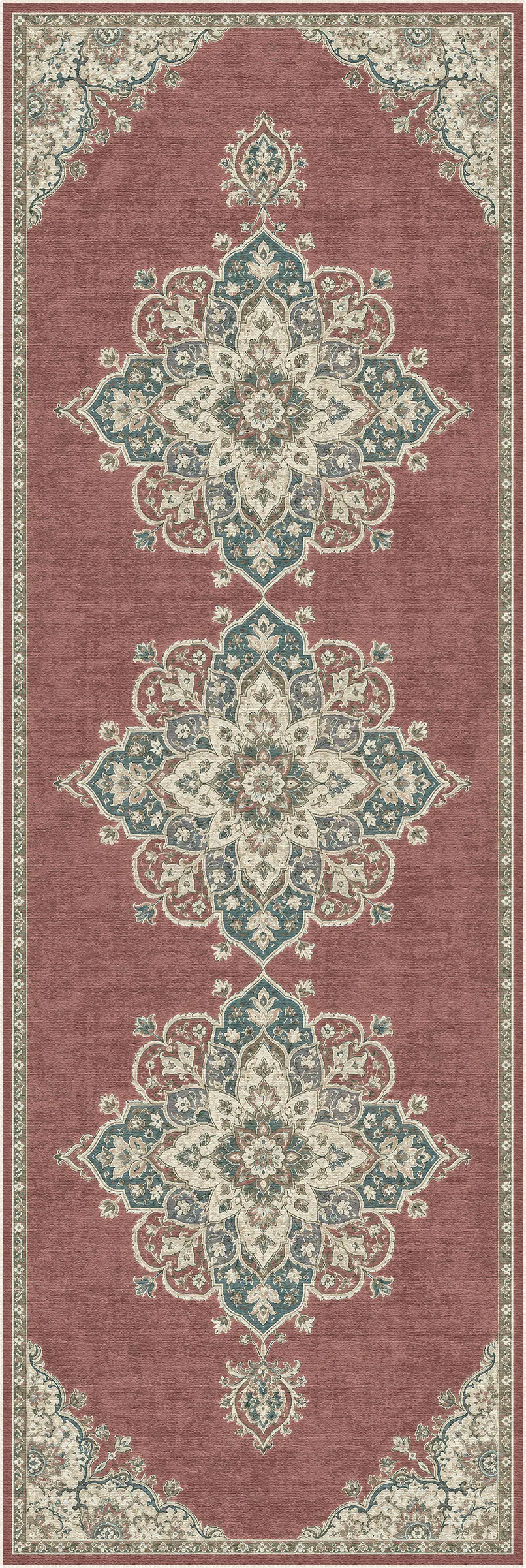 Ein rechteckiger Teppich mit einem traditionellen Muster im persischen Stil, einem Altrosa-Hintergrund mit drei großen zentralen Medaillons in Creme und Petrol sowie einem passenden Rand.