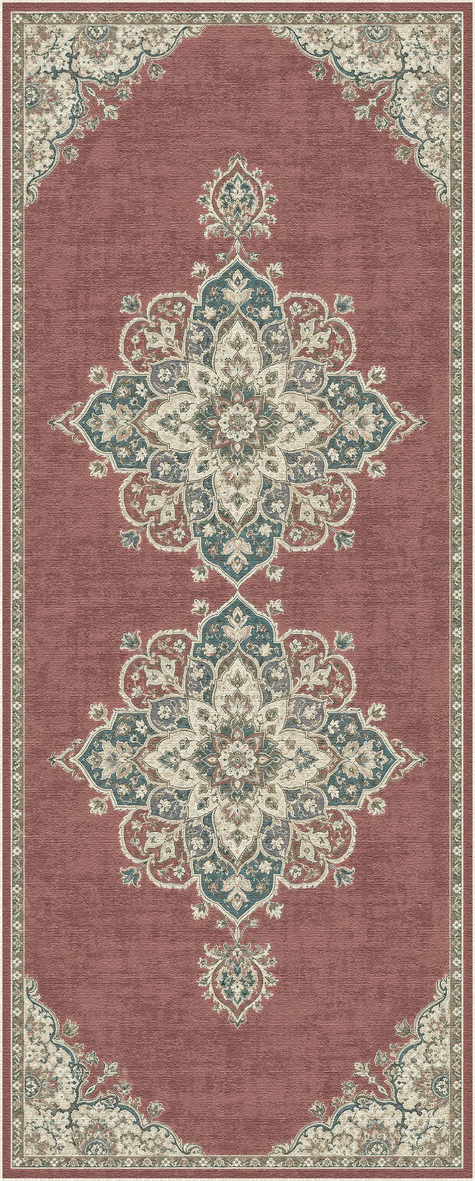 Ein rechteckiger Teppich mit traditionellem Medaillonmuster in Altrosa, Blaugrün und Creme, flach vor weißem Hintergrund dargestellt.