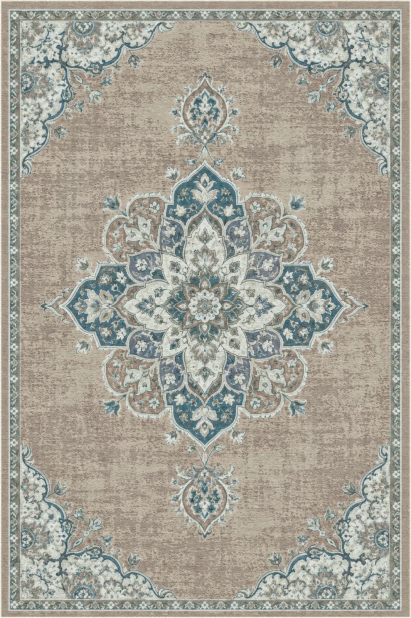Beiger Teppich mit blauem und rostfarbenem floralen Medaillon- und Randmuster