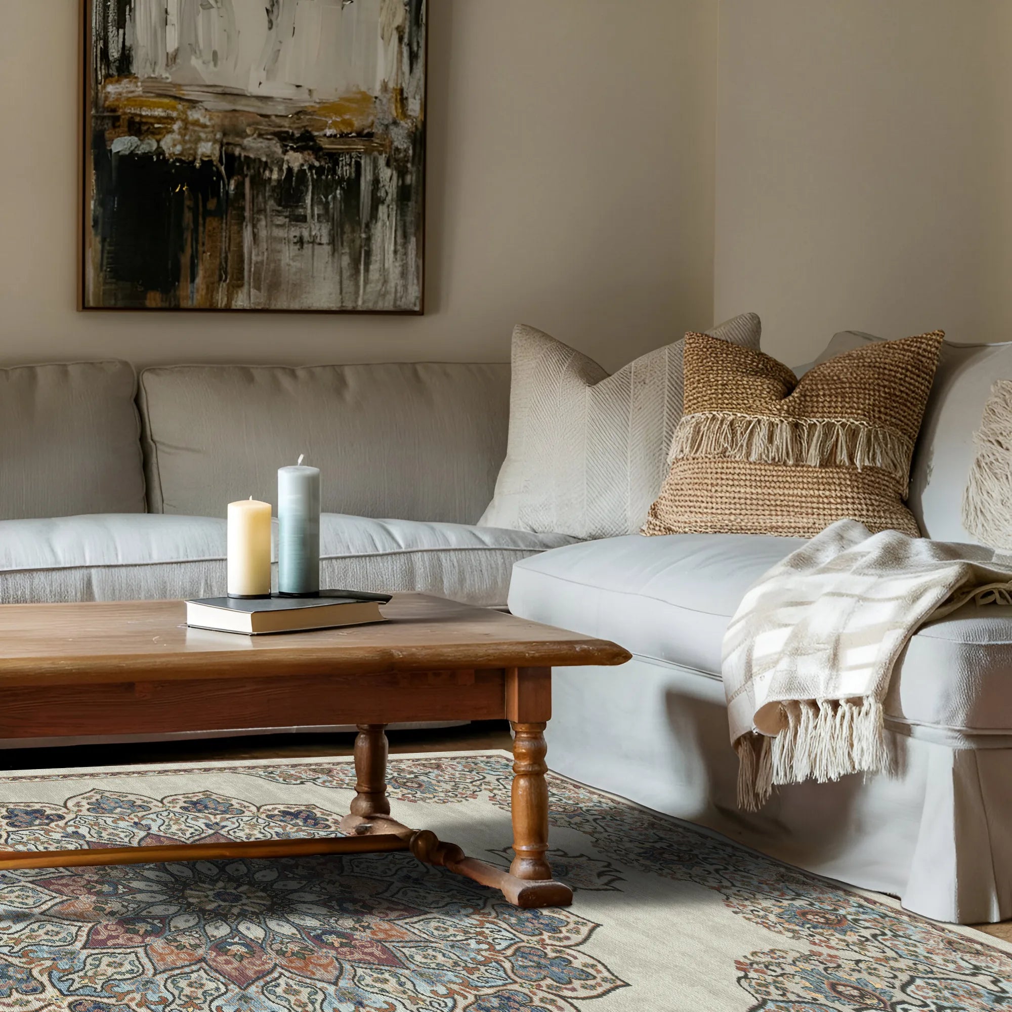 Salamanca Beige Traditioneller Waschbarer Teppich