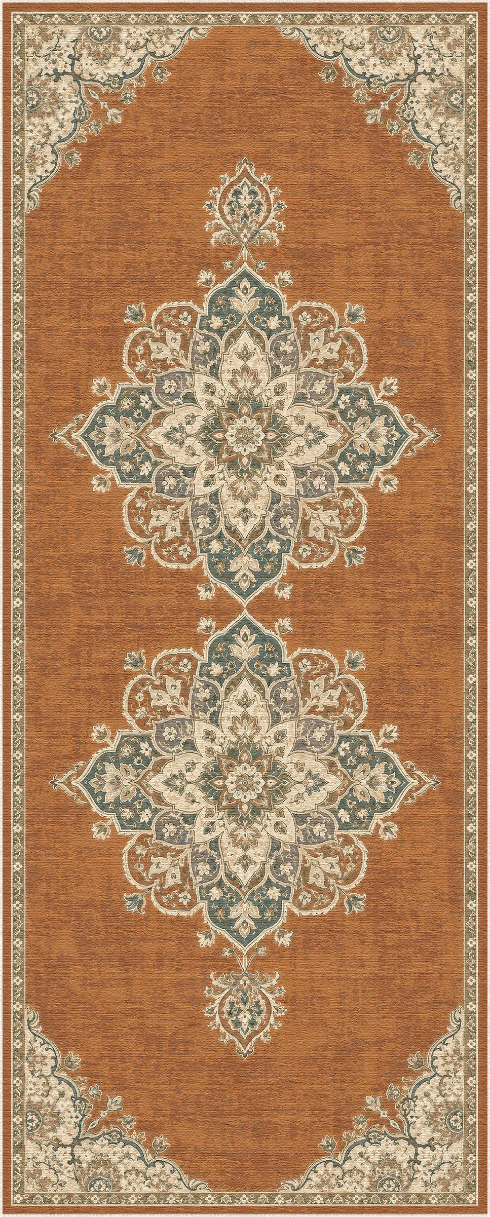 Ein Teppich mit traditionellem orientalischem Design, einem warmen rostorangefarbenen Hintergrund, zwei großen zentralen Medaillons in gedecktem Petrol und Creme sowie kunstvollen Eckdetails.
