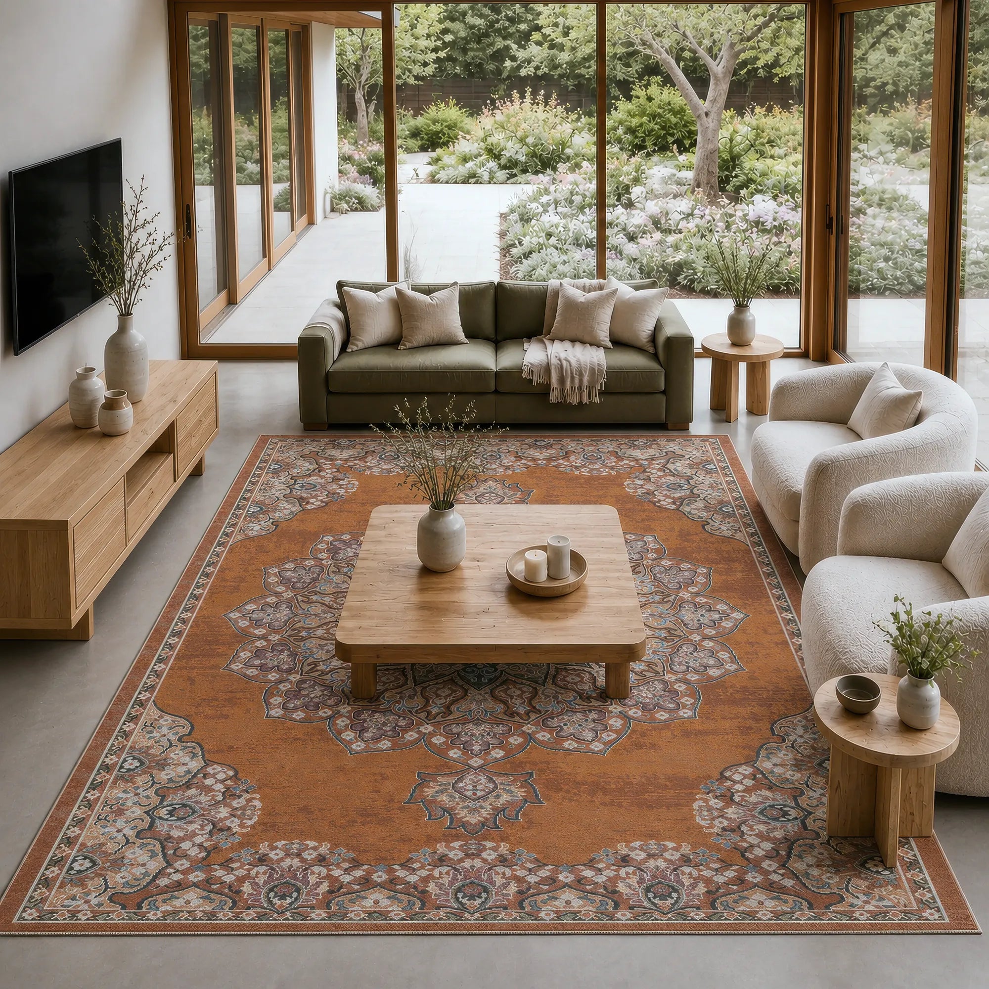 A large traditional-style area rug in warm rust orange with intricate multicolor floral and geometric motifs, styled in a modern living room with a wooden coffee table, green sofa, cream armchairs, and large windows overlooking a garden.