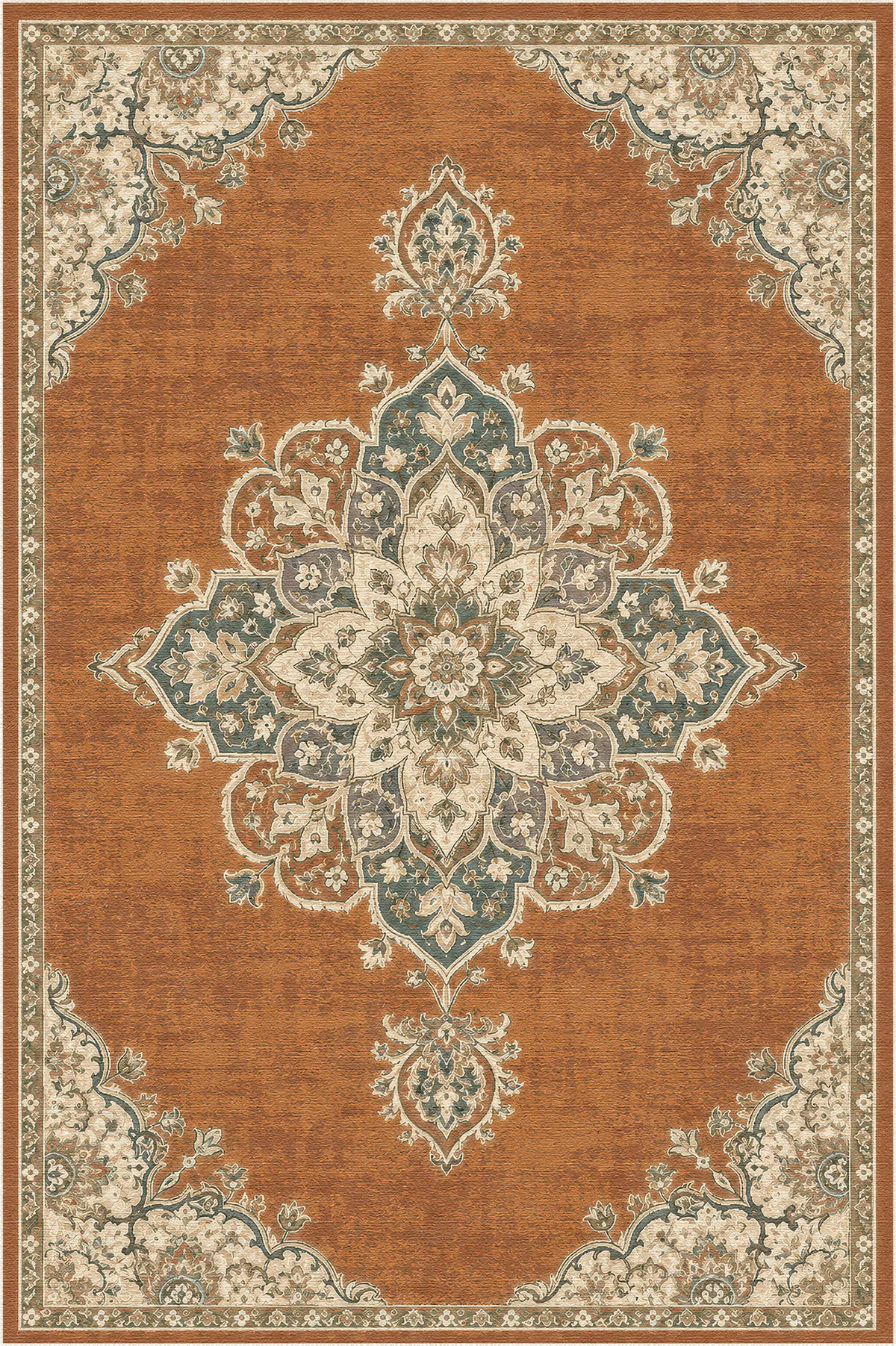 Teppich mit terrakottafarbenem Hintergrund und filigranem floralen Medaillonmuster in Beige, Blau und Grün