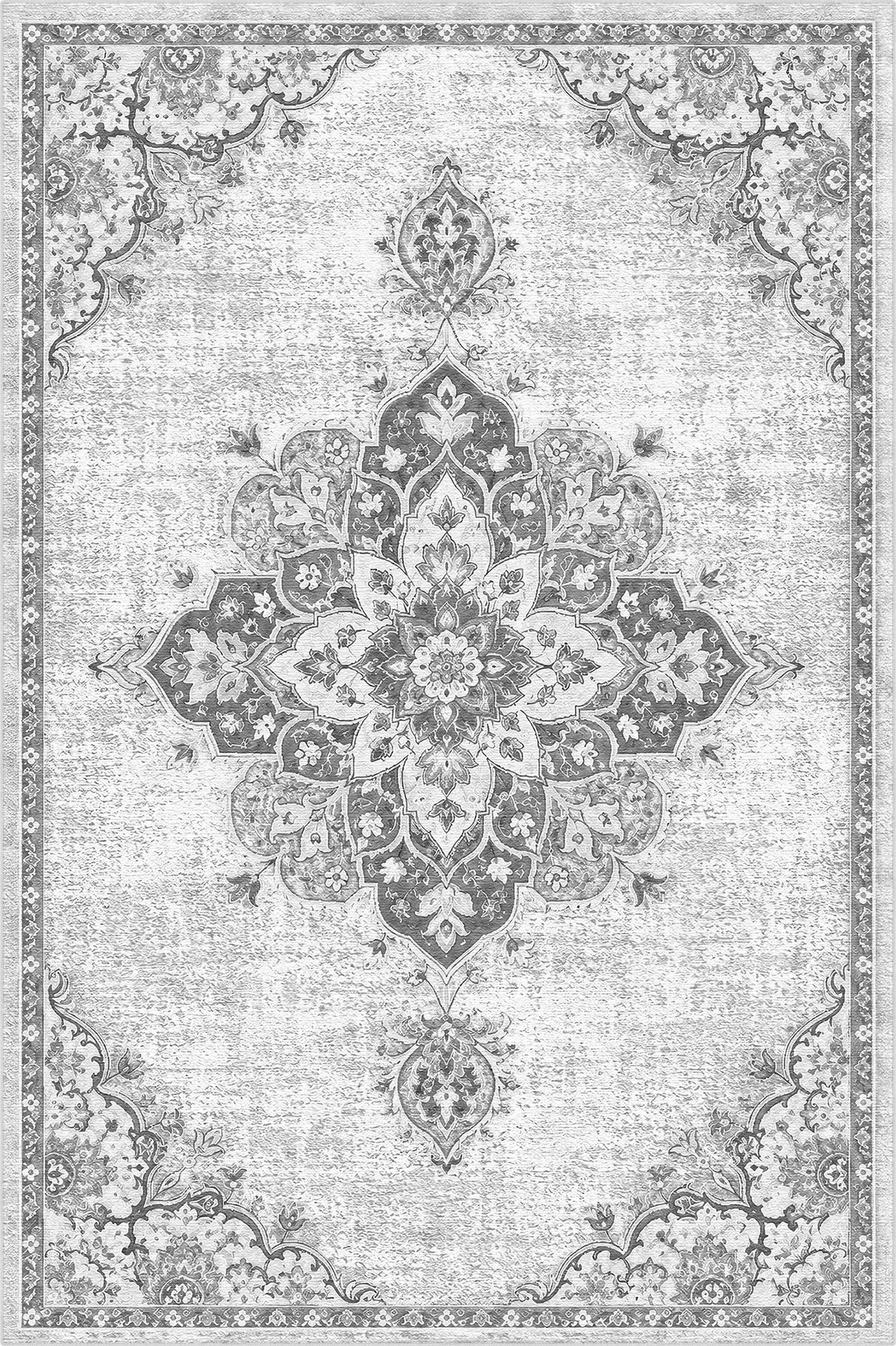 weißer Teppich mit schwarzem, traditionellem Blumenmedaillon und Randmuster