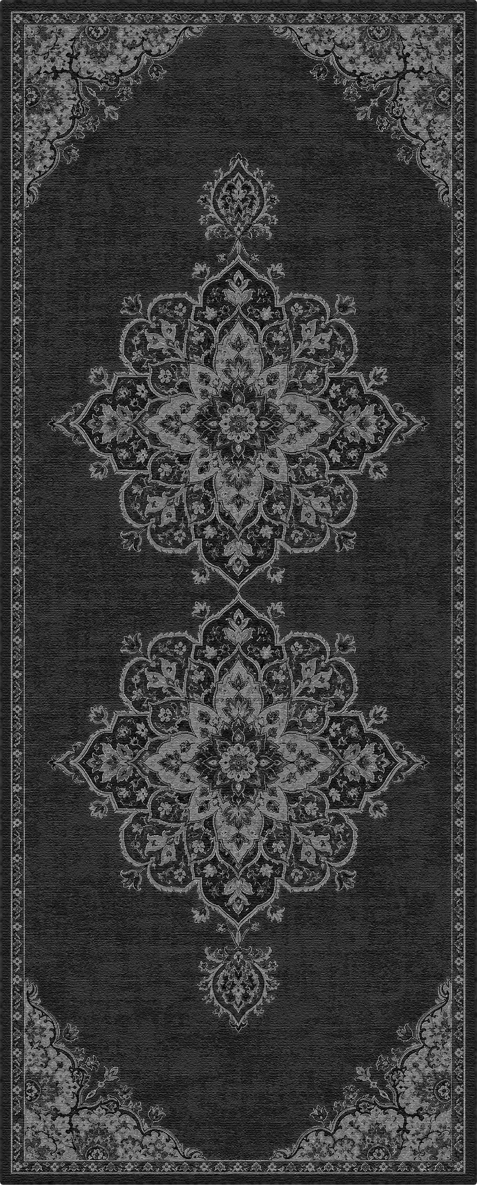 Ein dunkel anthrazitgrauer Teppich mit einem traditionellen, im Vintage-Stil gehaltenen Used-Muster in Hellgrau und Weiß, mit zwei großen zentralen Medaillons und kunstvollen Eckdetails.