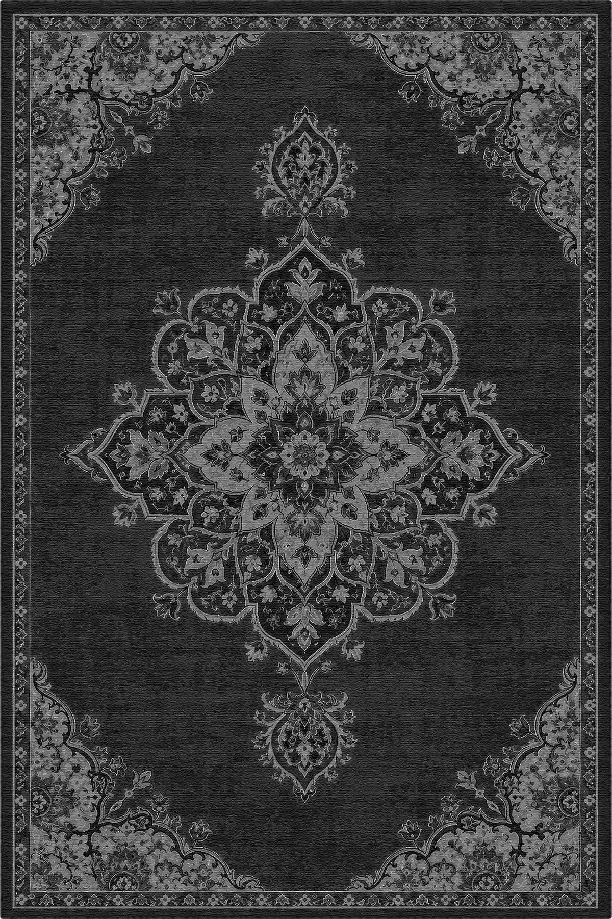 Schwarzer Teppich mit dunklem floralen Medaillon- und Randmuster