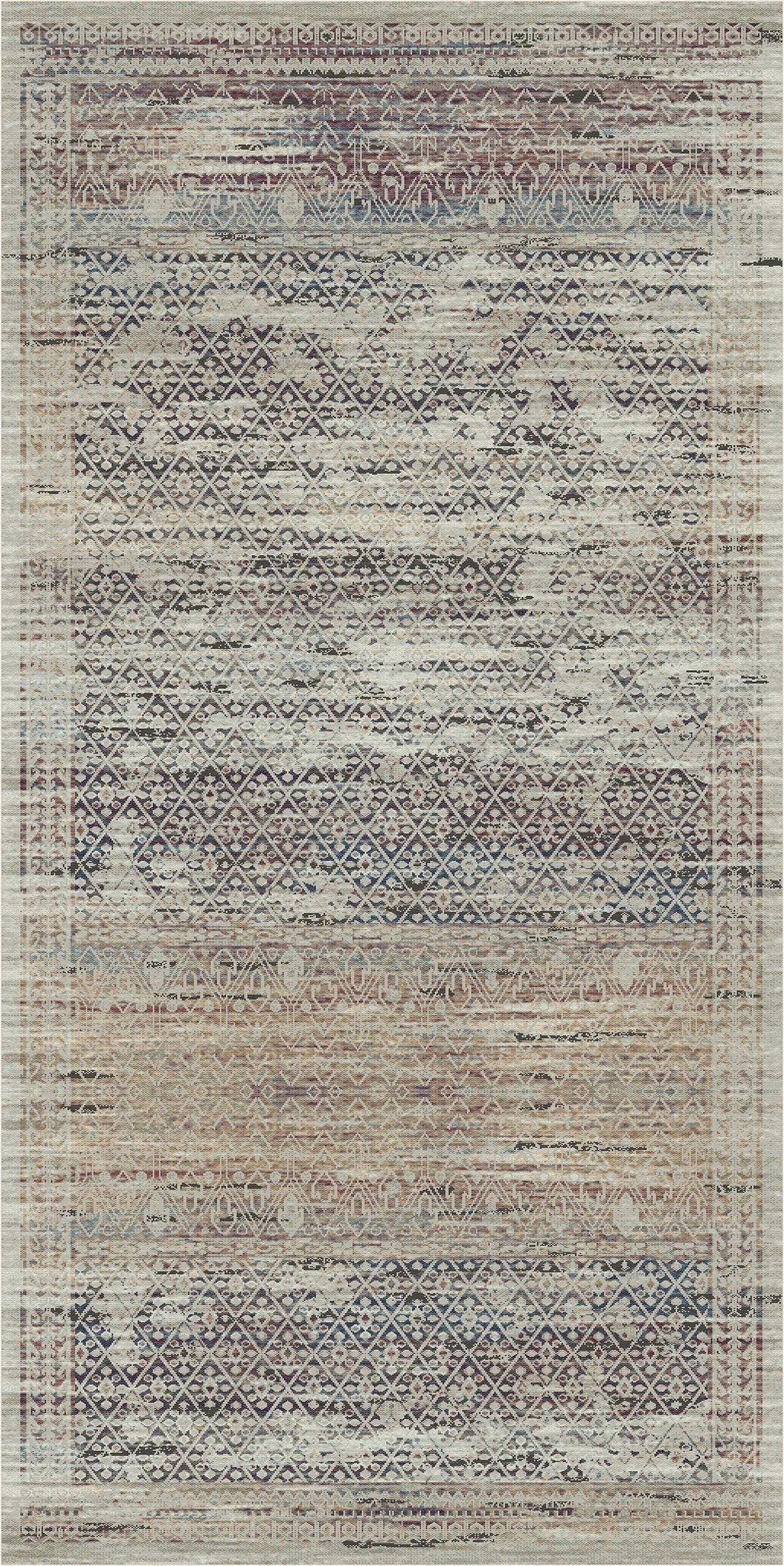 Ein rechteckiger Teppich mit einem Used-Look und einem geometrischen Muster im Vintage-Stil in gedeckten Beige-, Blau-, Grau- und Brauntönen.