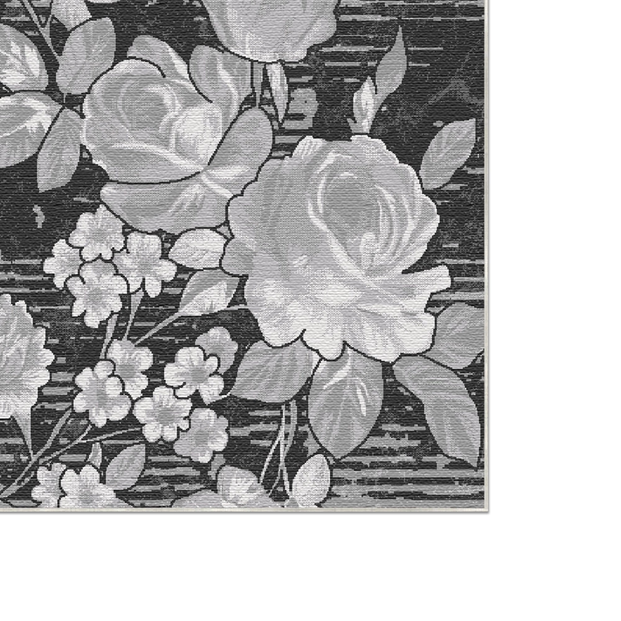 Teppich mit großem Blumenmuster in Schwarz-, Weiß- und Grautönen