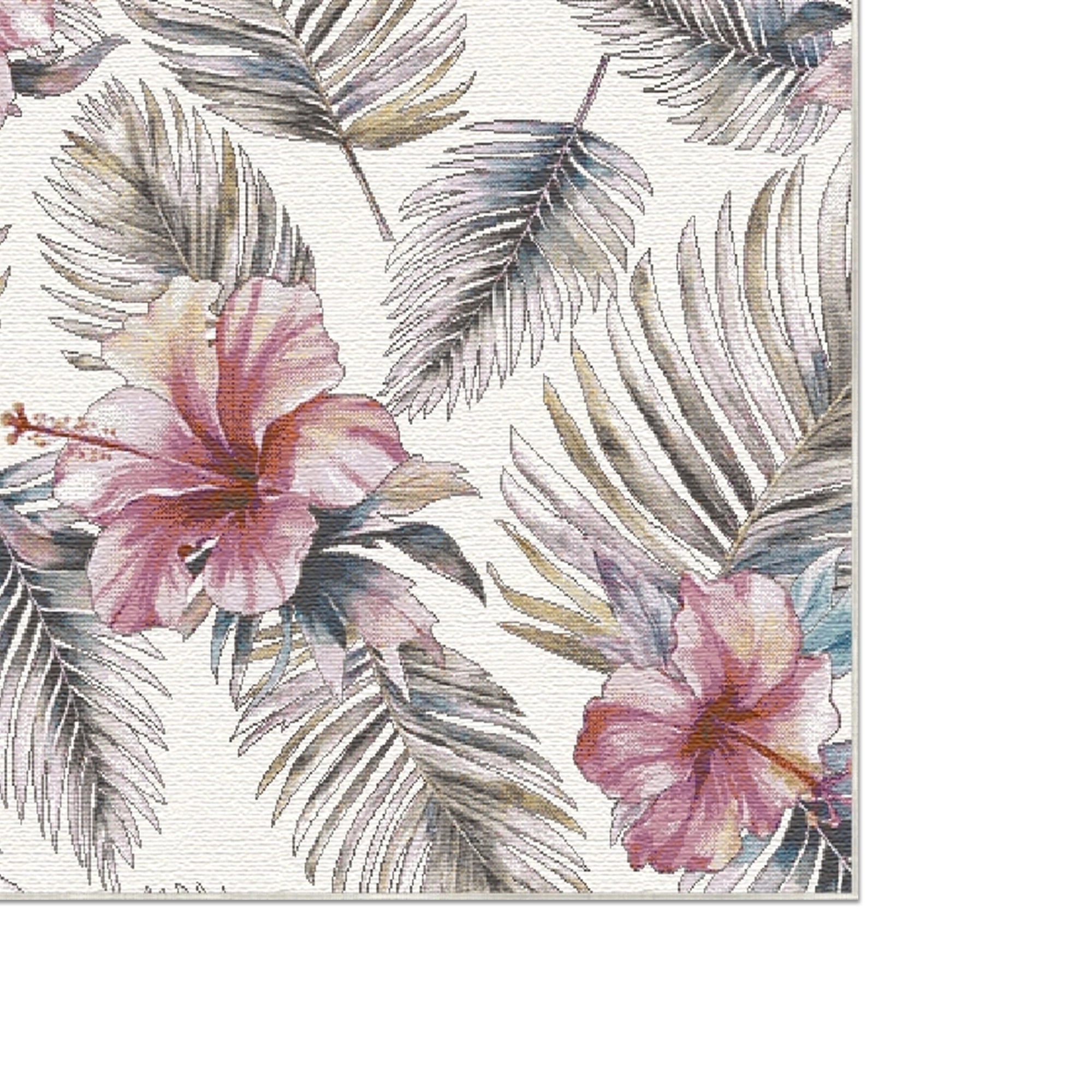 Weißer Tropischer Hibiskus- und Palmenblatt Teppich