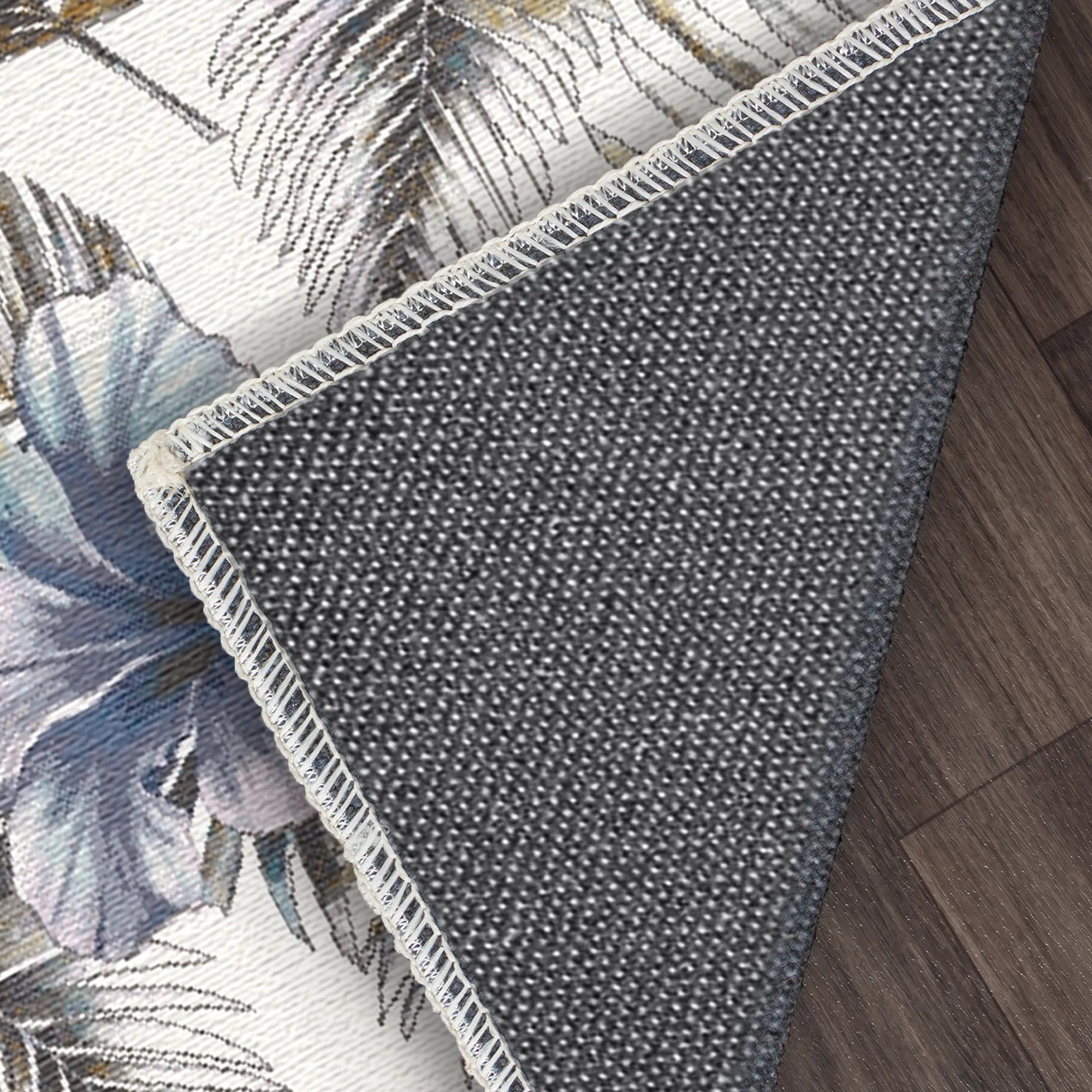 Blauer Tropischer Hibiskus und Goldene Palmen Teppich