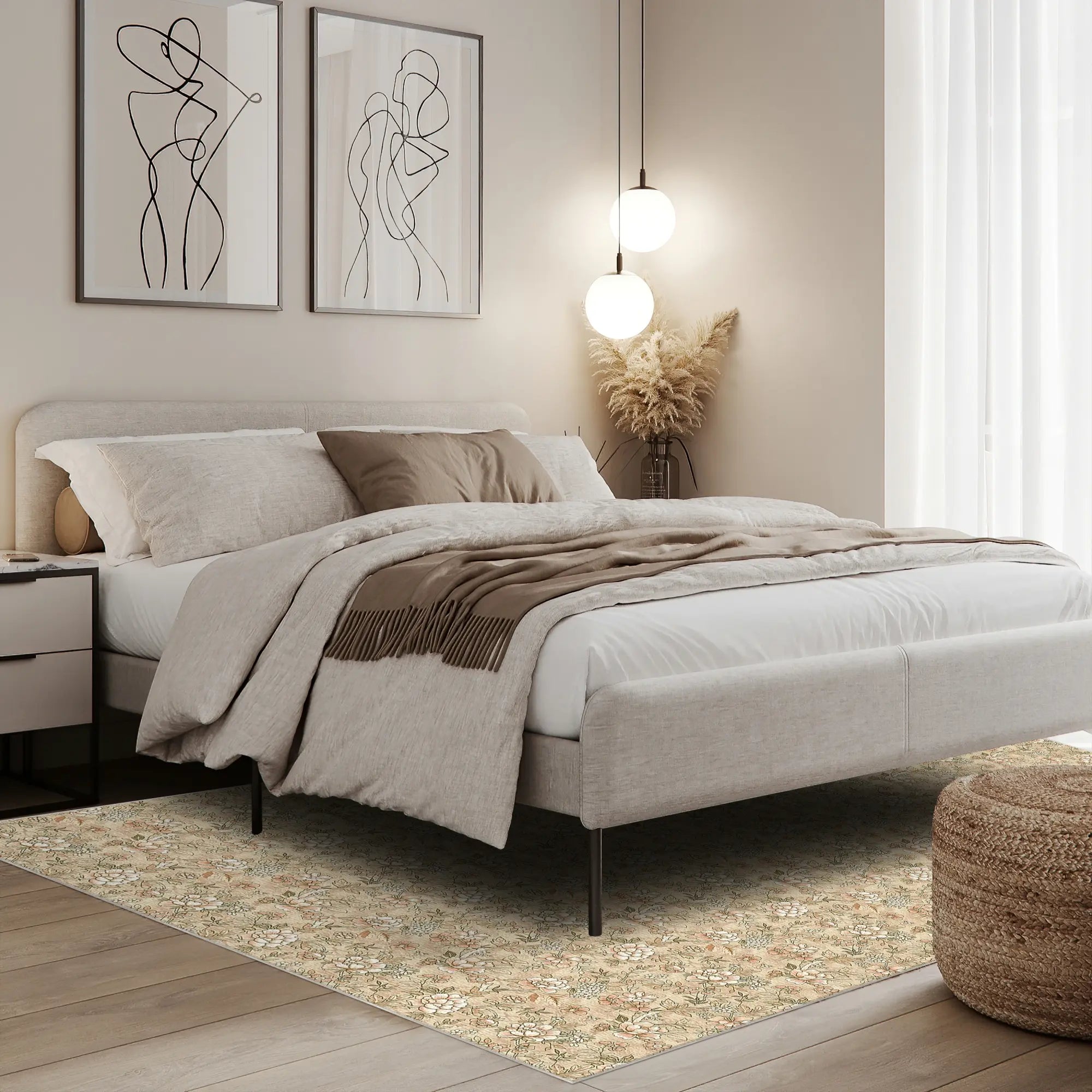 Vintage Beiger Kleiner Blumen Teppich