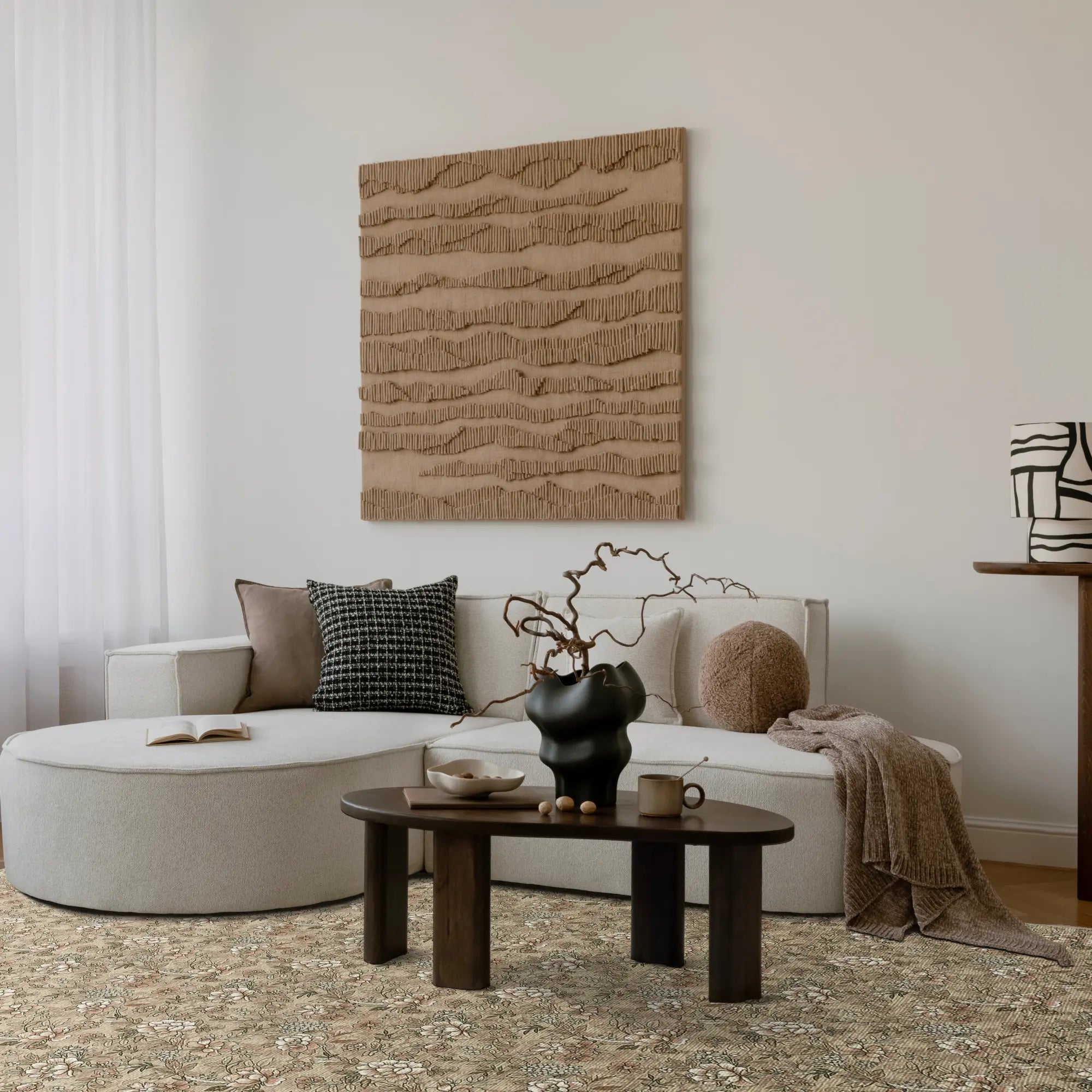 Vintage Beiger Kleiner Blumen Teppich