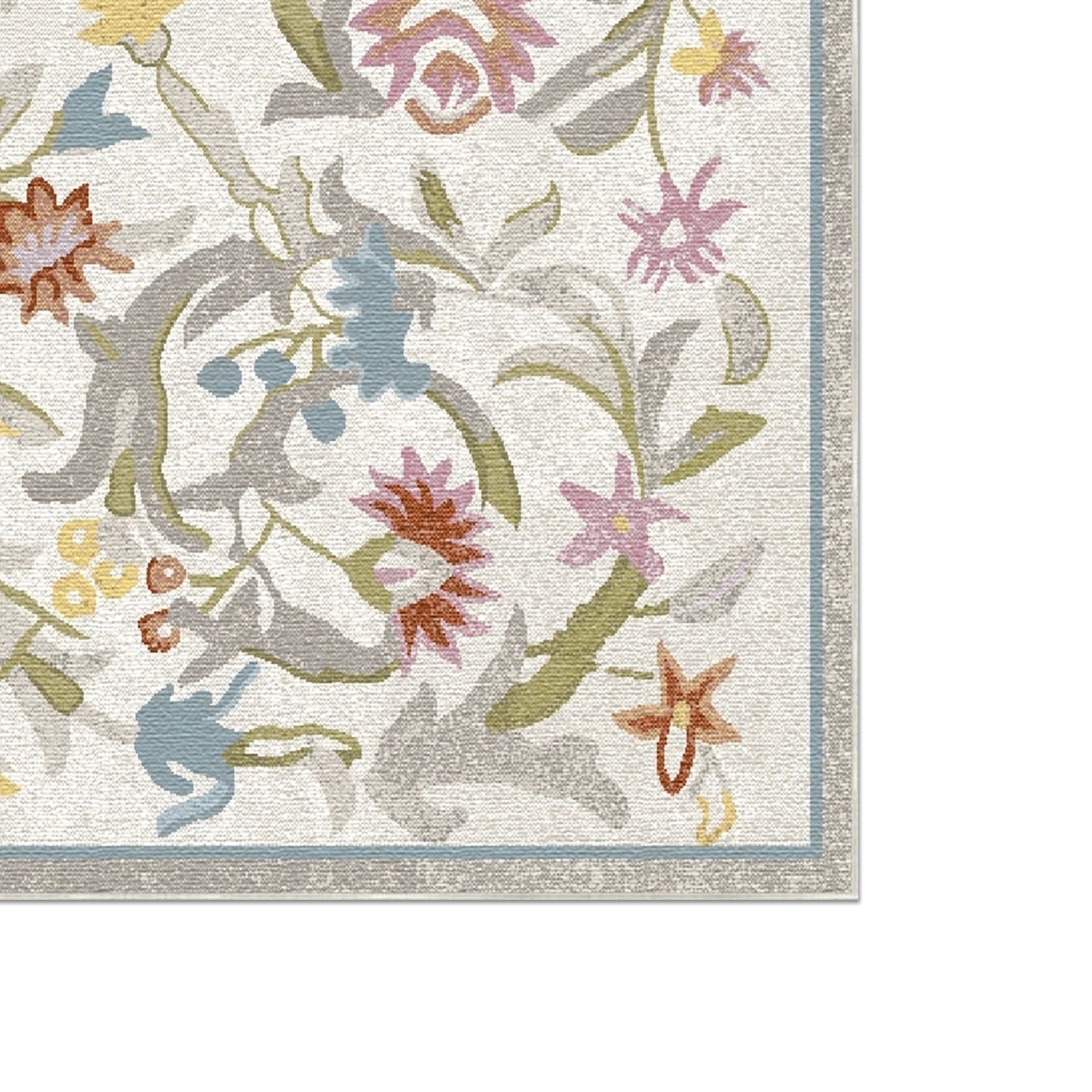 Teppich mit pastellfarbenem Blumen- und Rankenmuster in Blau, Grün, Rosa und Gelb auf cremefarbenem Hintergrund