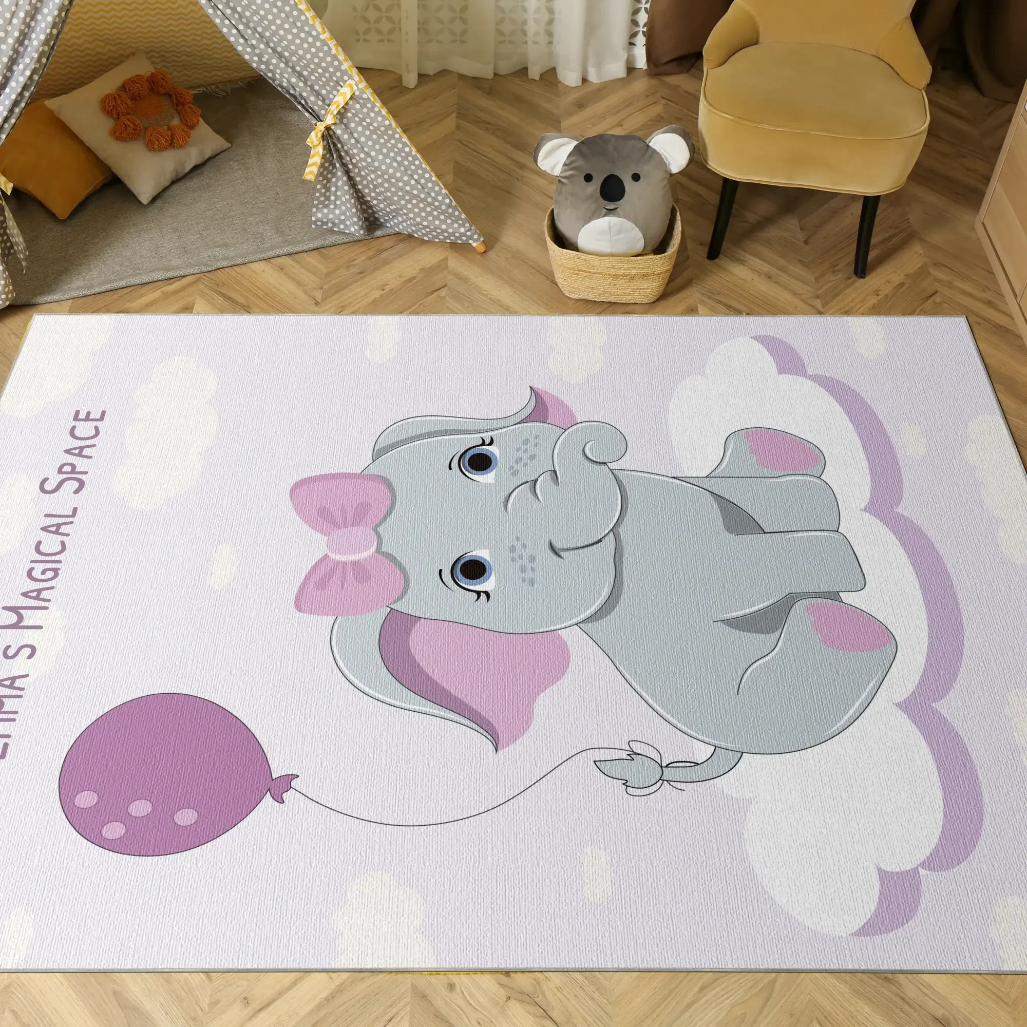 Magischer Elefant mit Ballon | Personalisierbarer Teppich