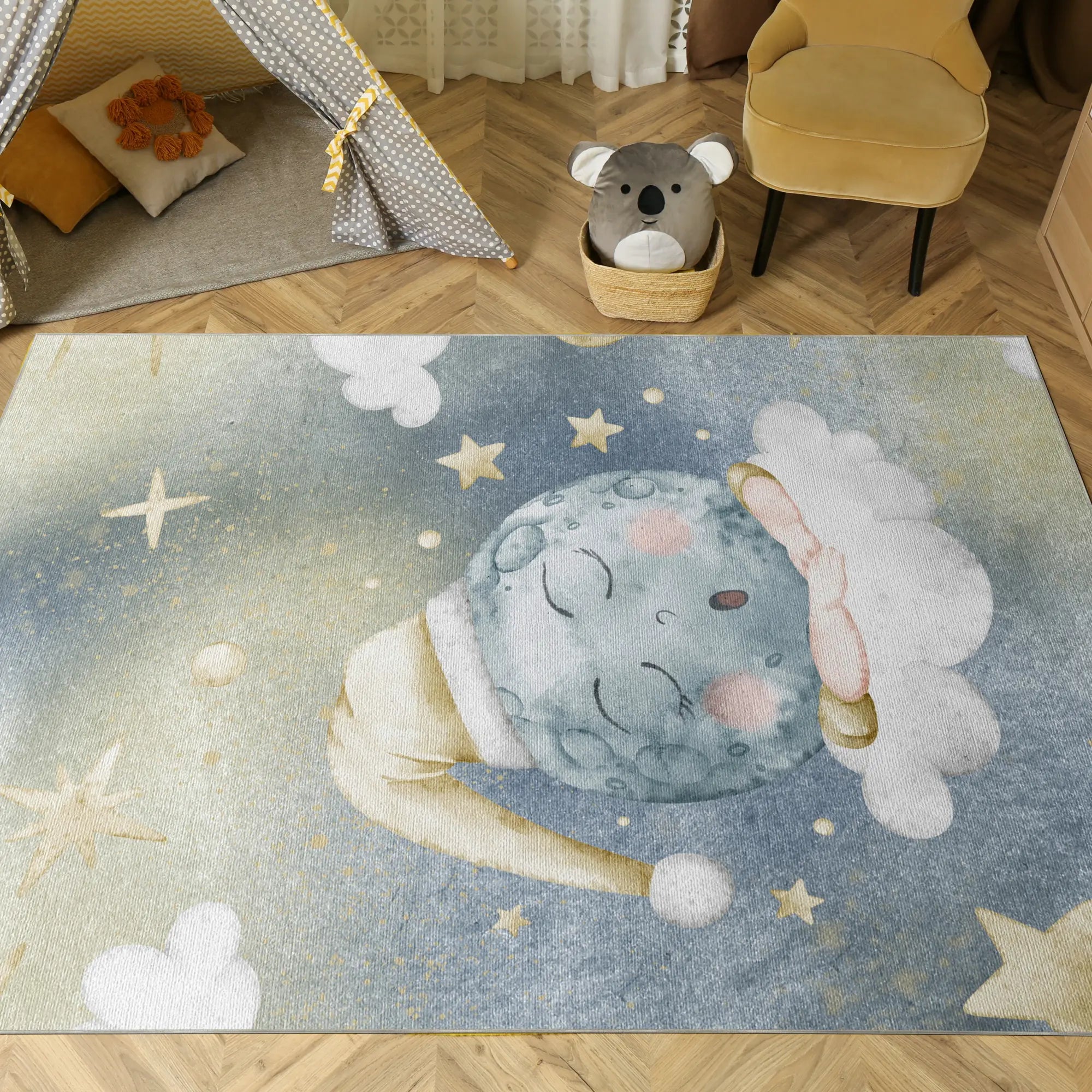 Aquarell Schlafender Mond Kinderzimmer Teppich