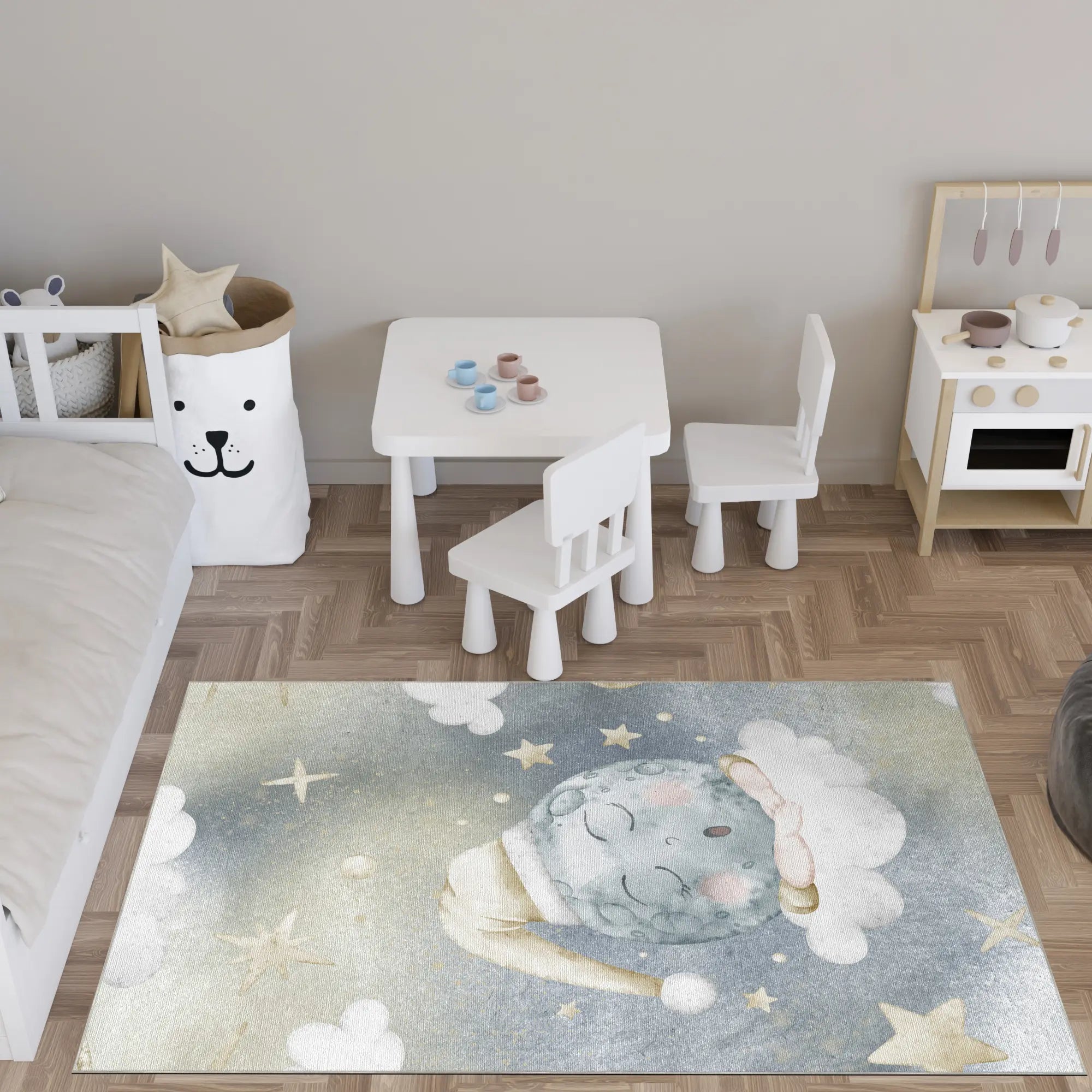 Aquarell Schlafender Mond Kinderzimmer Teppich