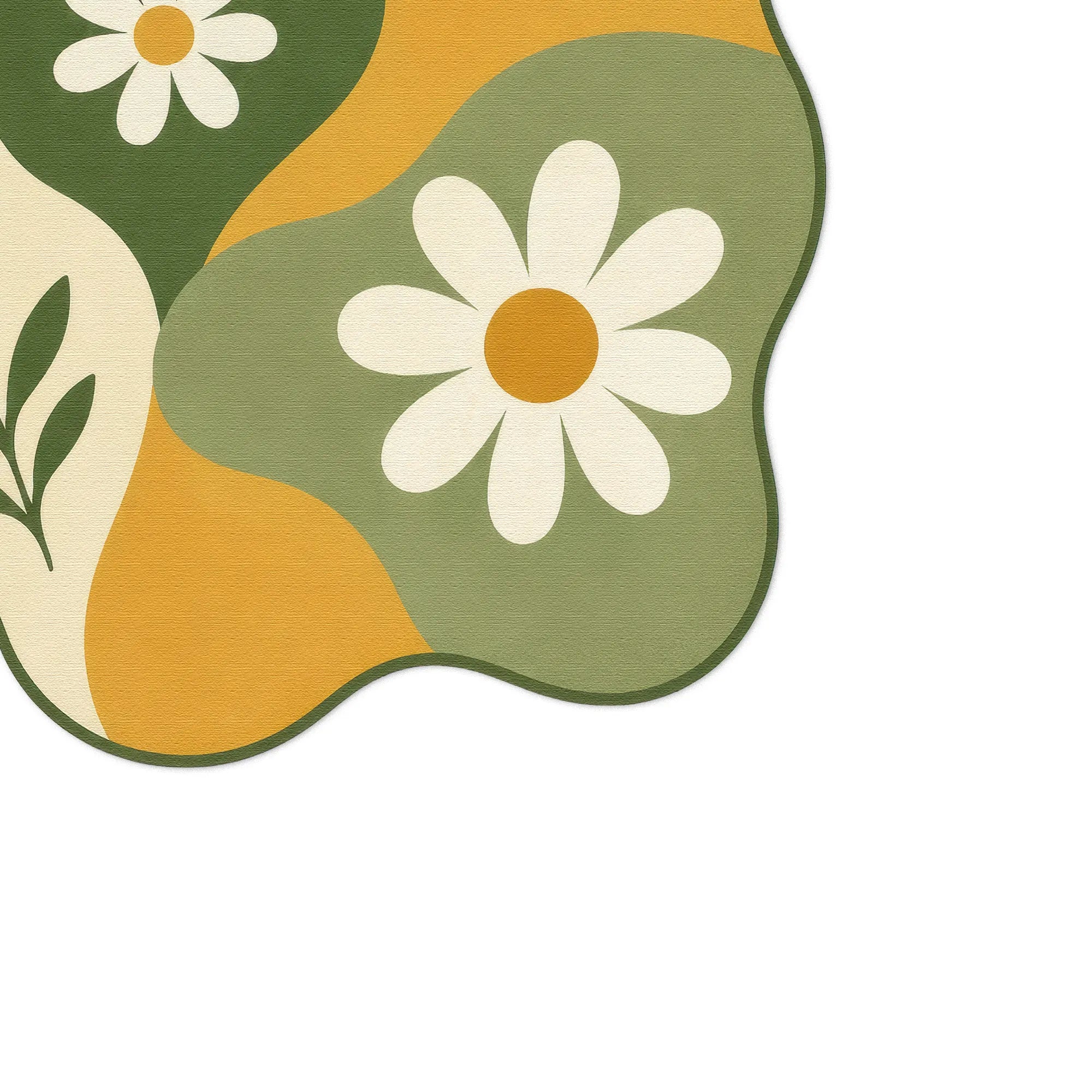 A close-up of a retro-style area rug with an abstract wavy design in olive green, mustard yellow, and cream, featuring large white daisy flowers with yellow centers.