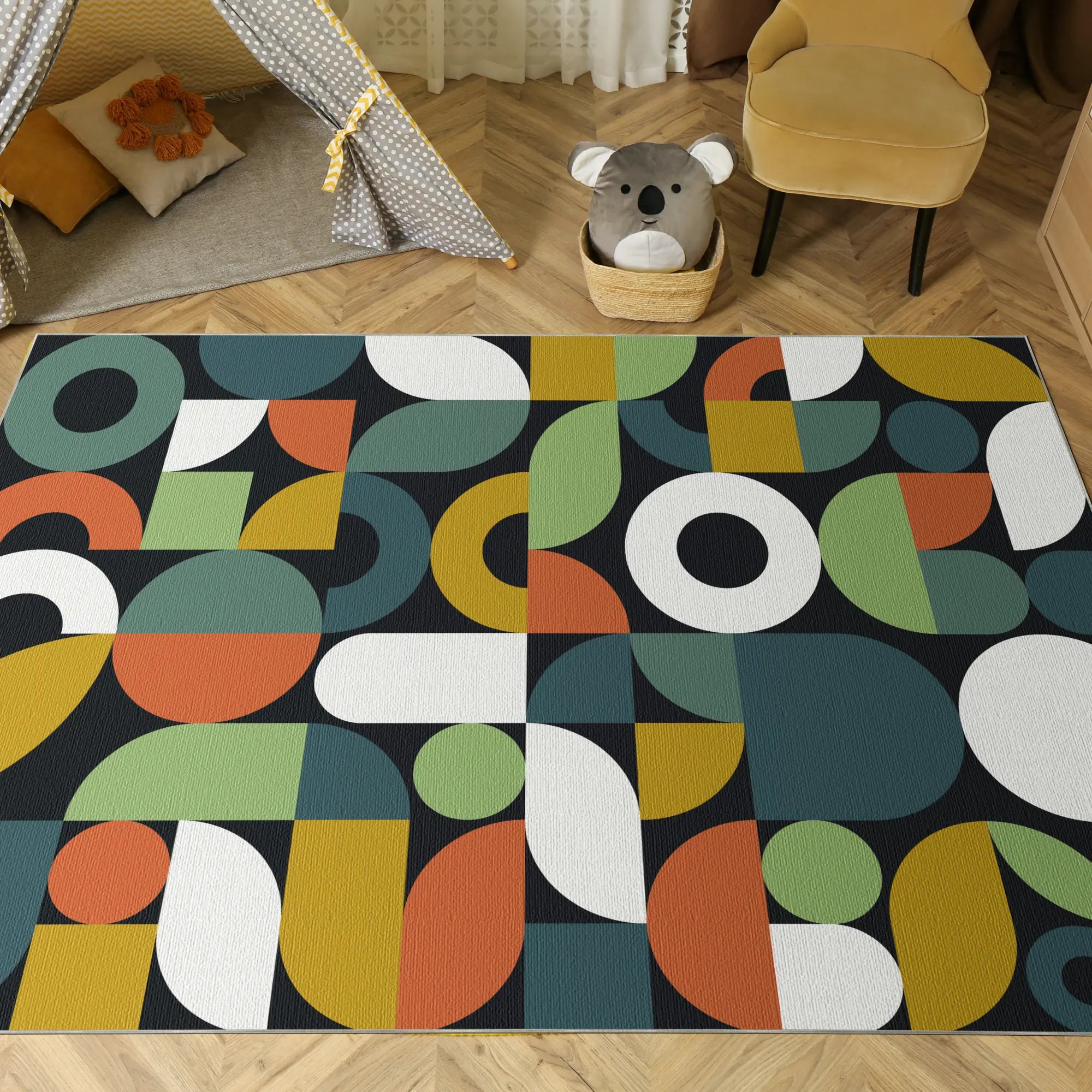 Schwarzer Retro Geometrischer Waschbarer Teppich
