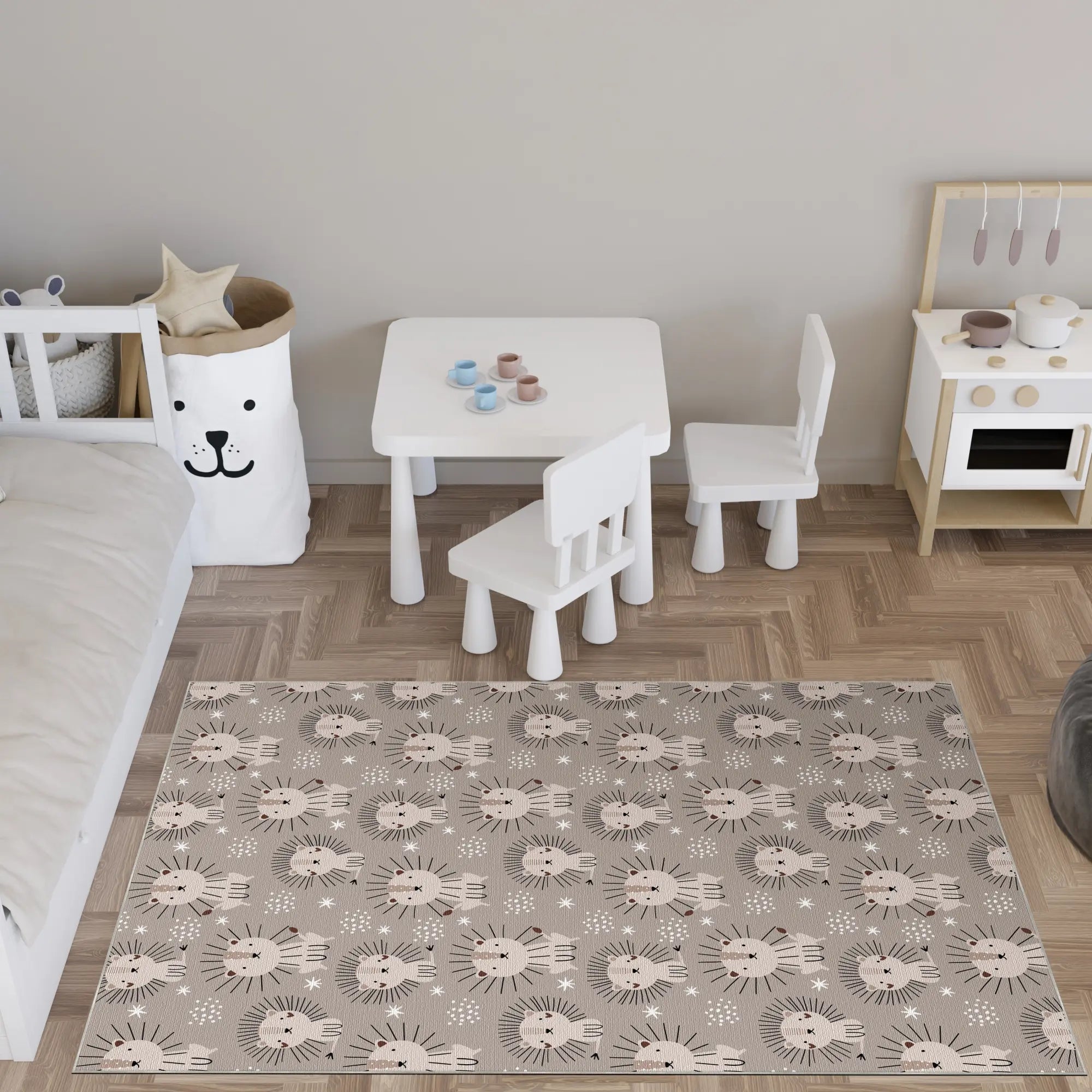 Minimalistischer Skandi Löwe Kinderzimmer Teppich