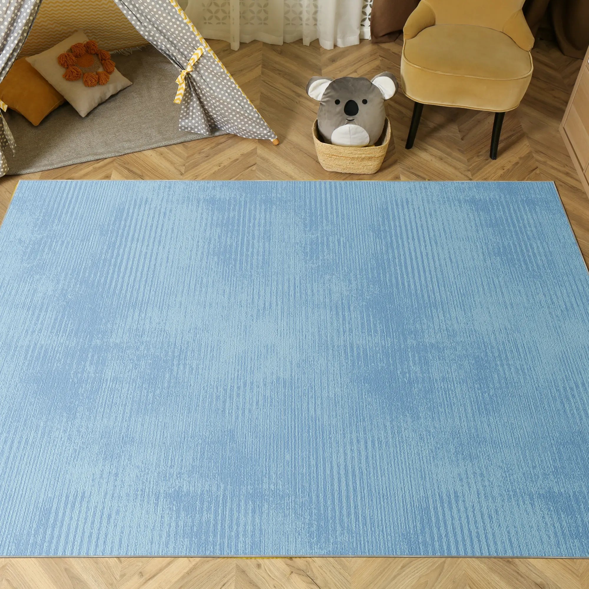 Waschbarer Strukturierter Hellblauer Teppich