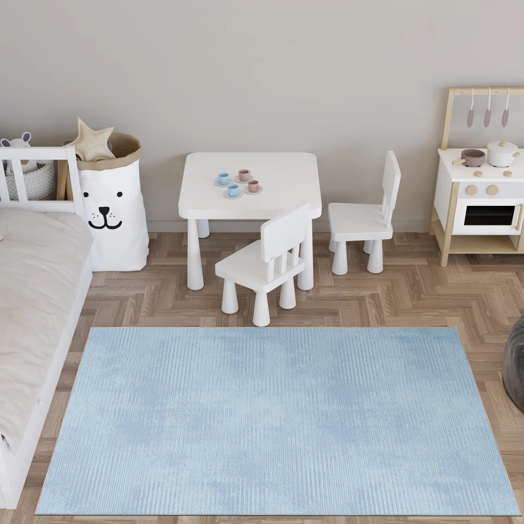 Waschbarer Strukturierter Hellblauer Teppich