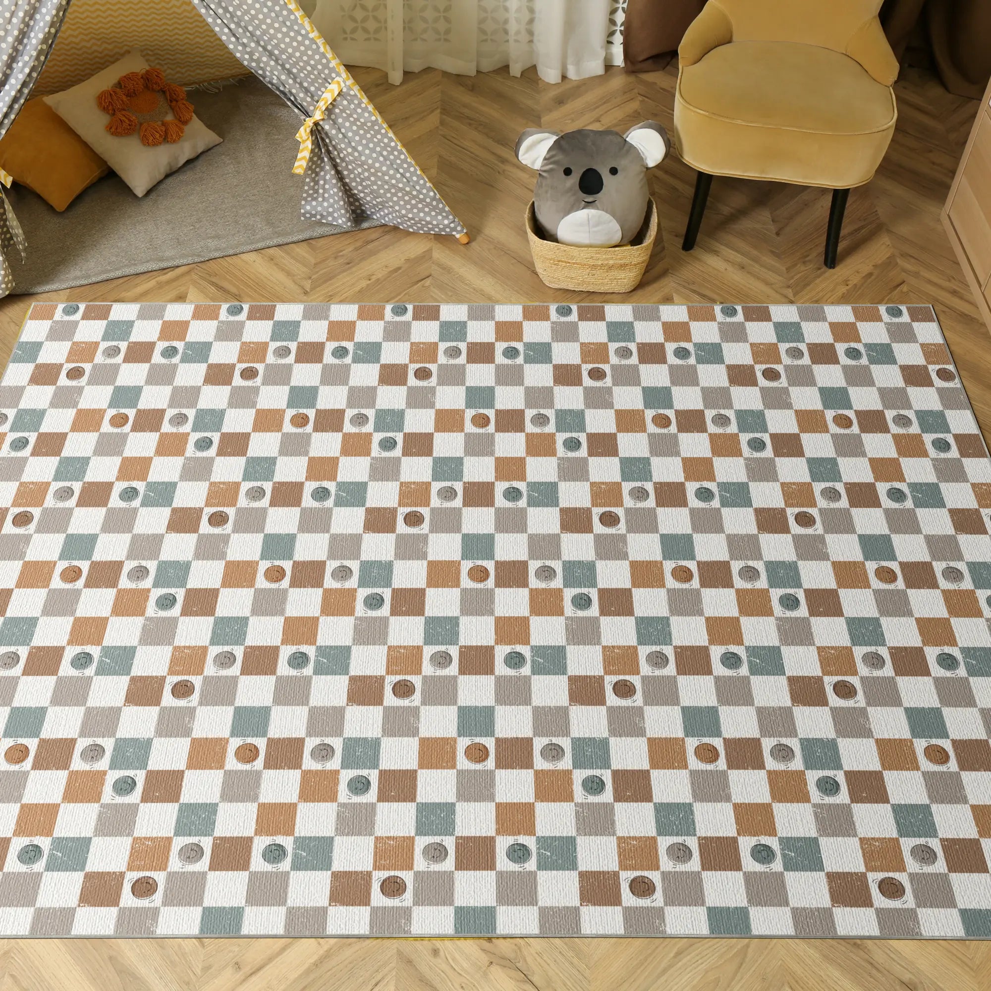 Waschbarer Retro Kariert Smiley Teppich