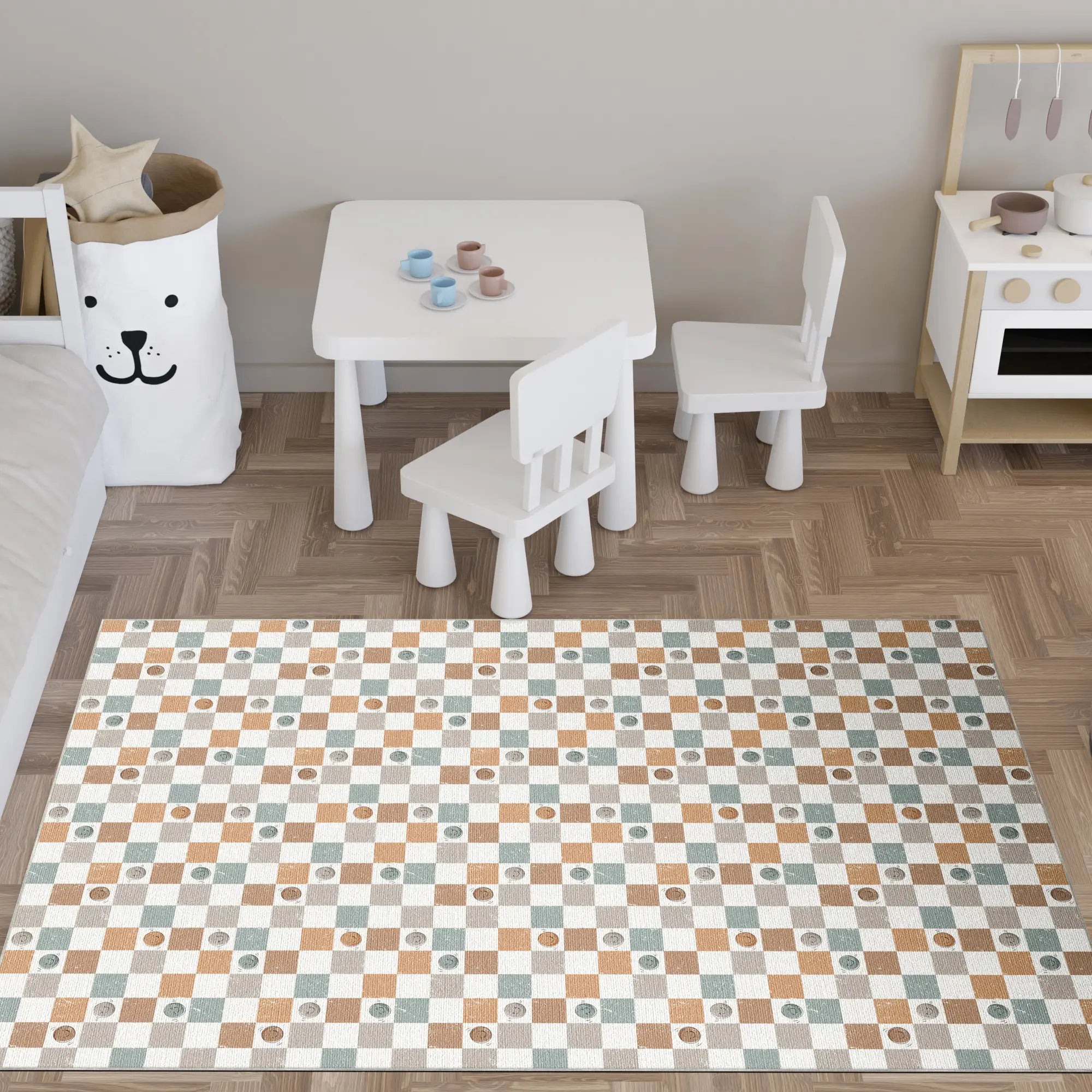 Waschbarer Retro Kariert Smiley Teppich