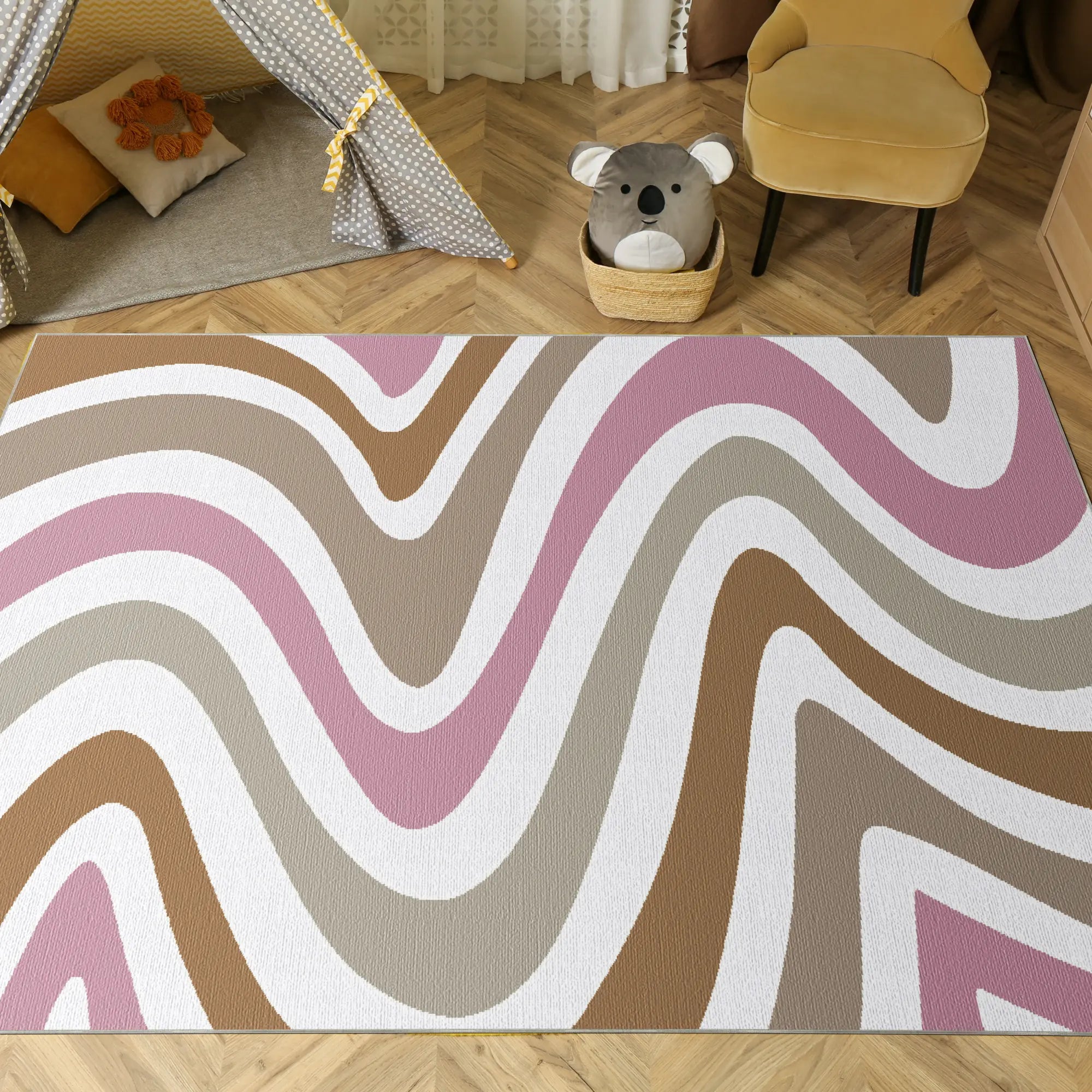Waschbarer Retro Wellen Boho Teppich
