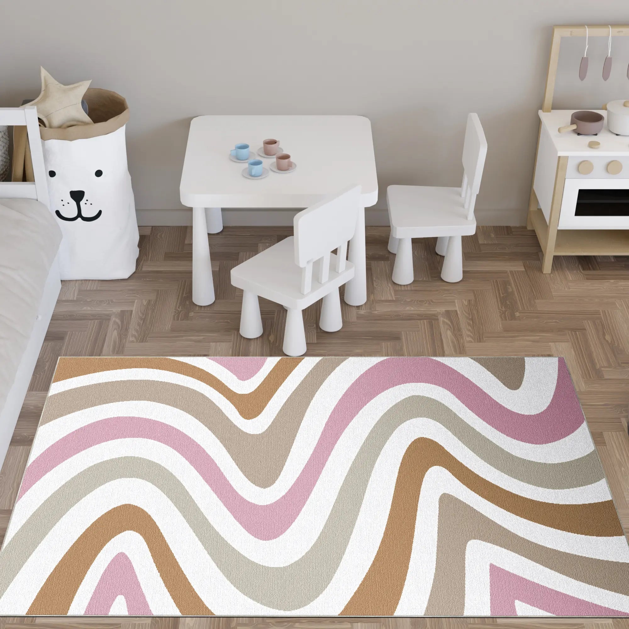 Waschbarer Retro Wellen Boho Teppich