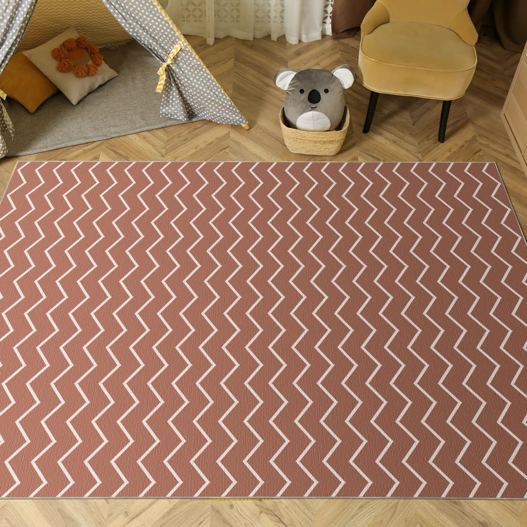 Waschbarer Terrakotta Chevron-Teppich