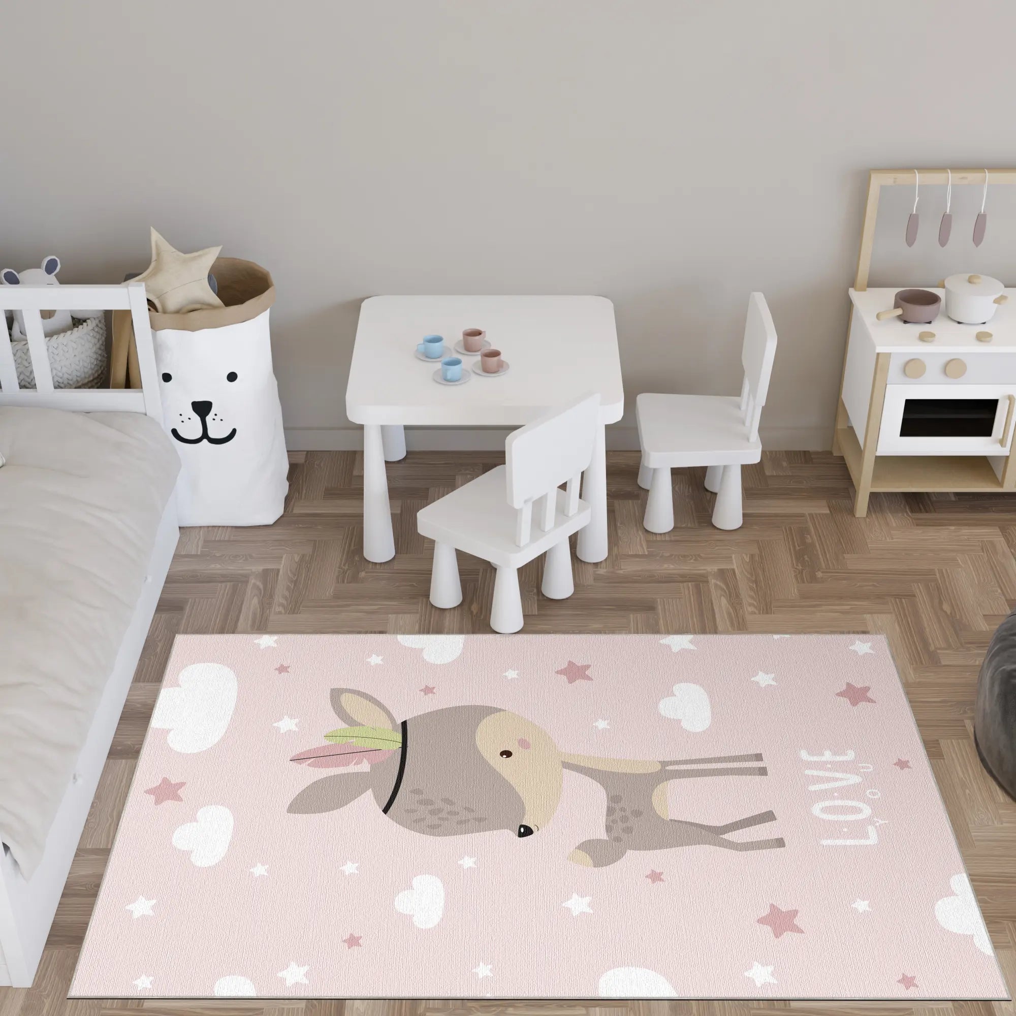 Niedliches Rosa Rehkitz Kinderzimmer Teppich