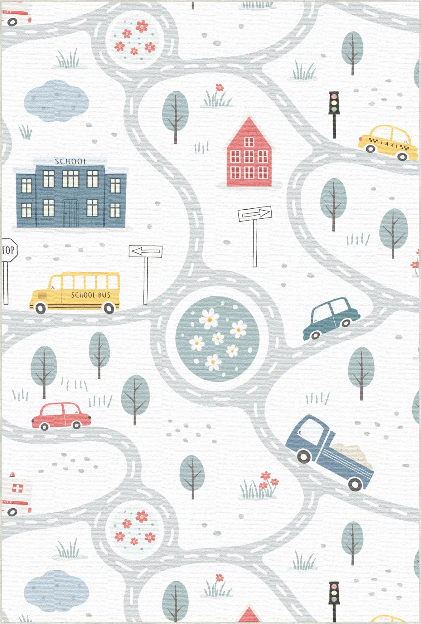 Weißer Stadtverkehrsstraßen-Kinderteppich