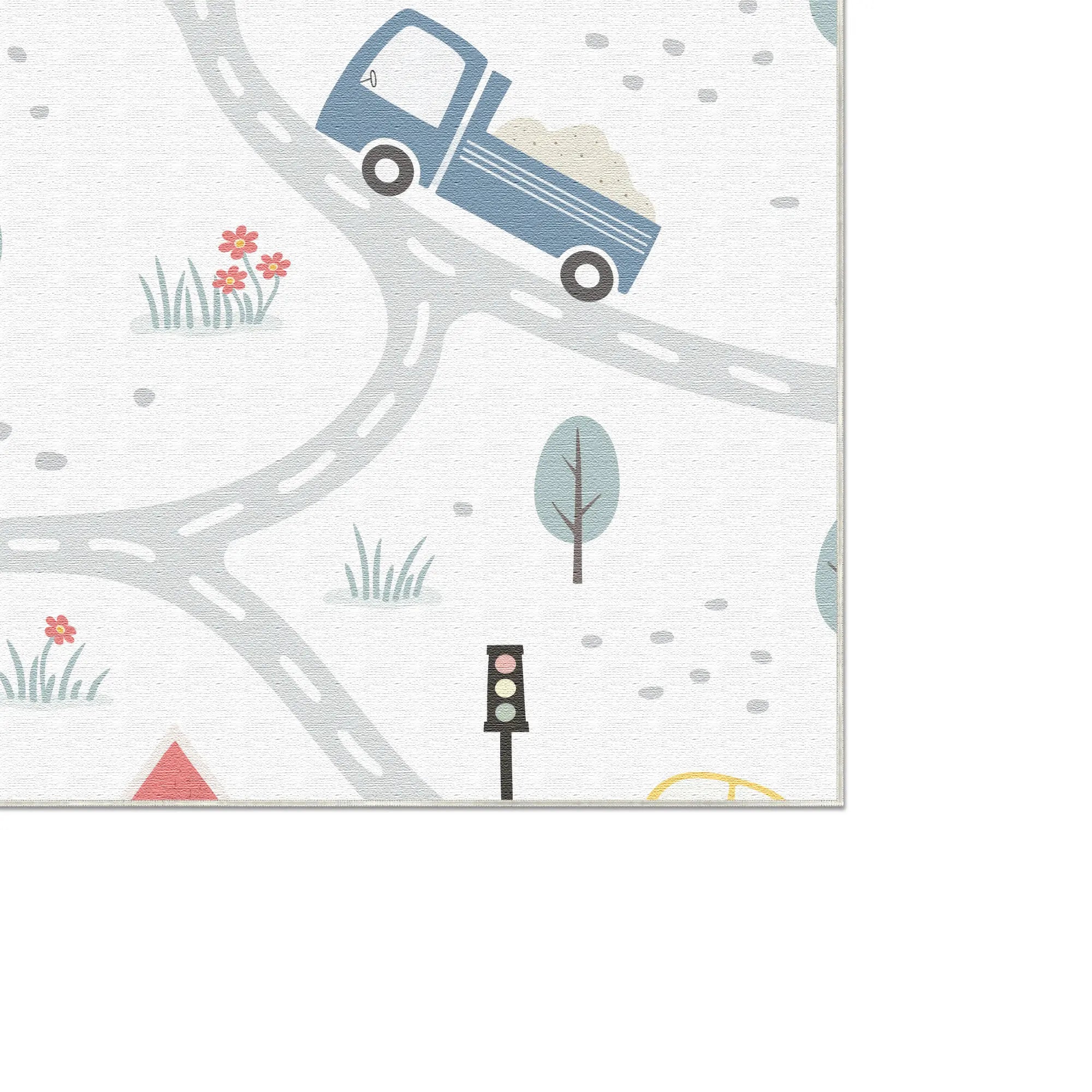 Kinder-Spielmatte mit Straßenmuster, LKW, Ampel und Blumen auf weißem Hintergrund