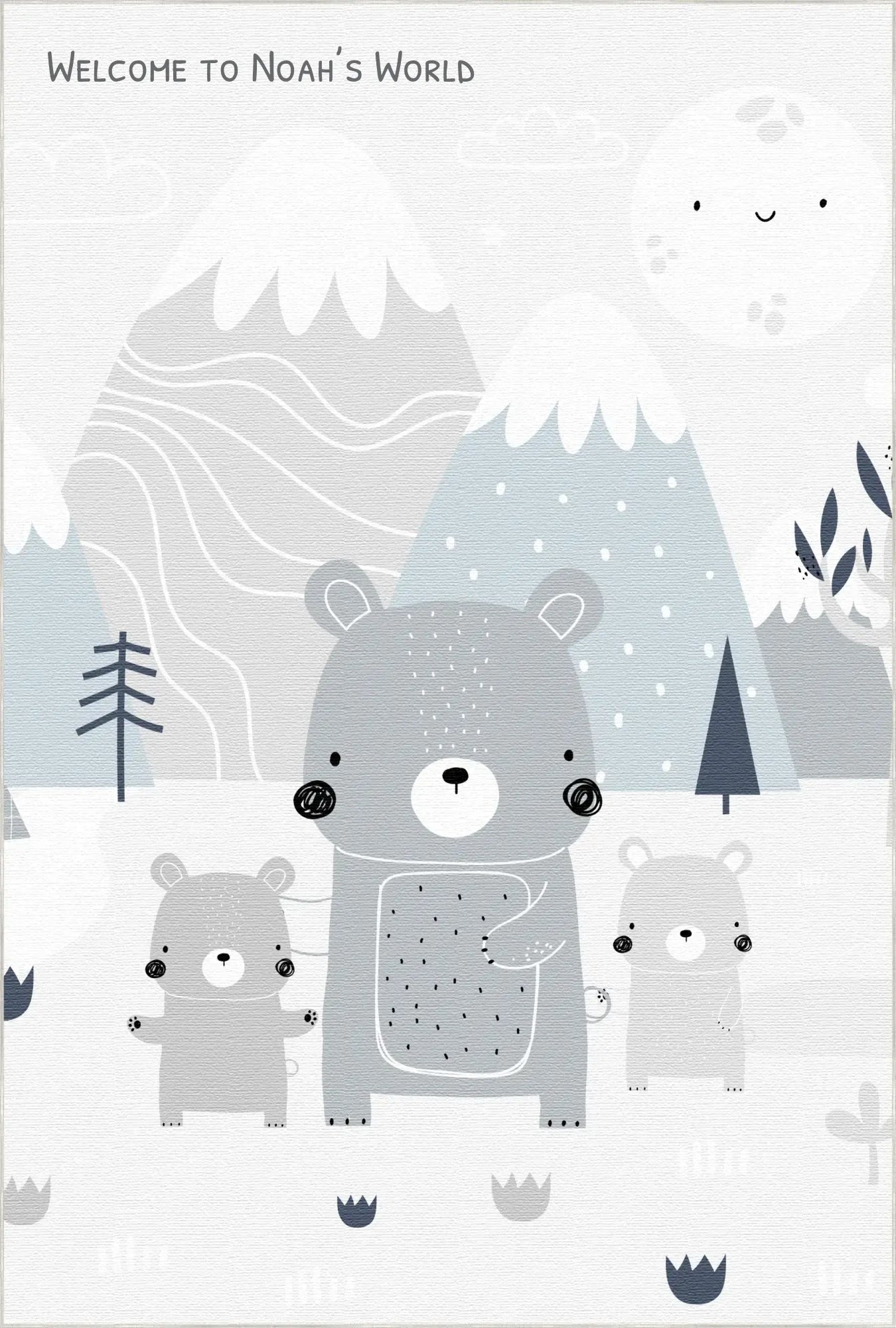 Bears in a snowy landscape with mountains and trees on carpet, featuring text 'Welcome to Noah's World', customizable rug.