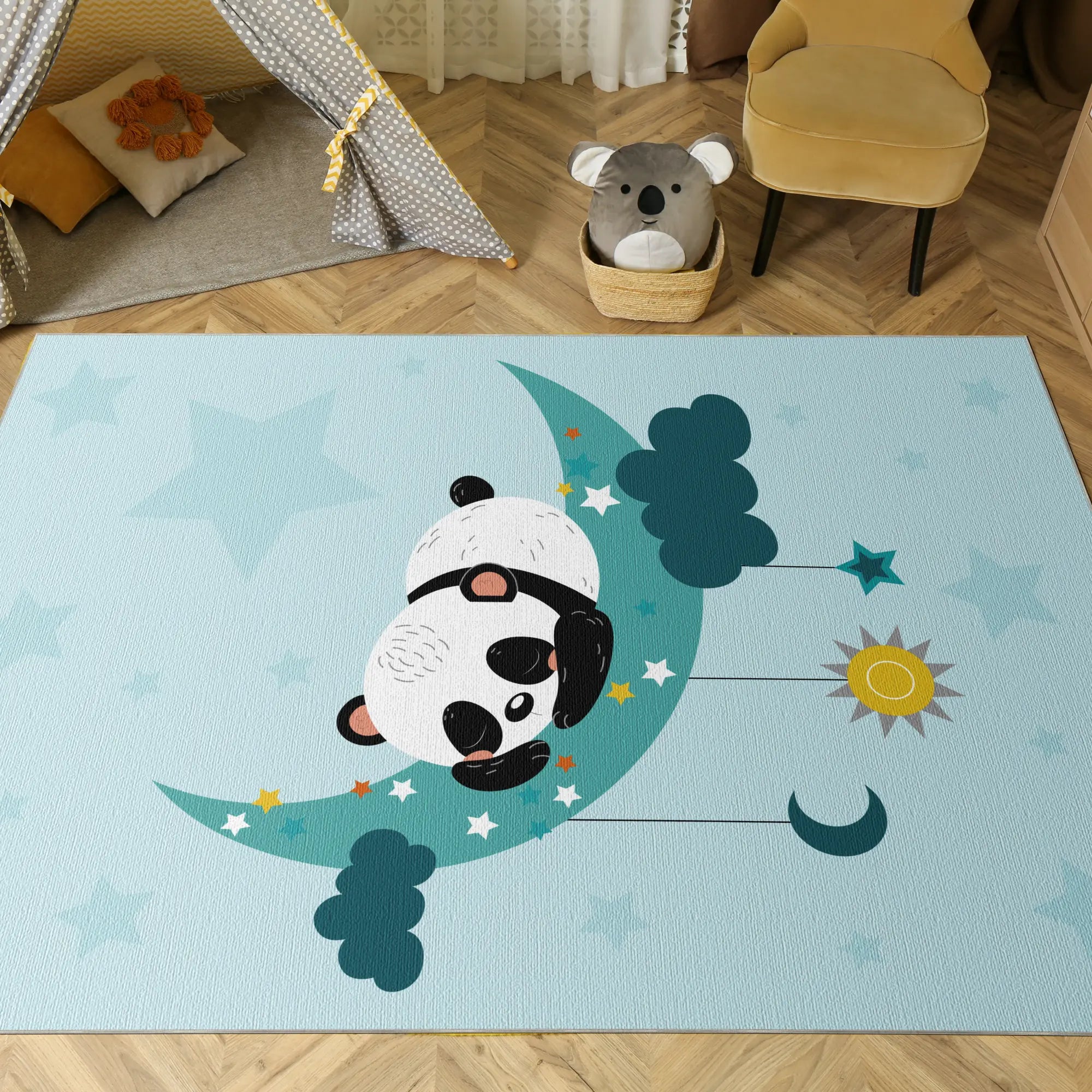 Träumender Schlafender Panda-Mond Kinderteppich