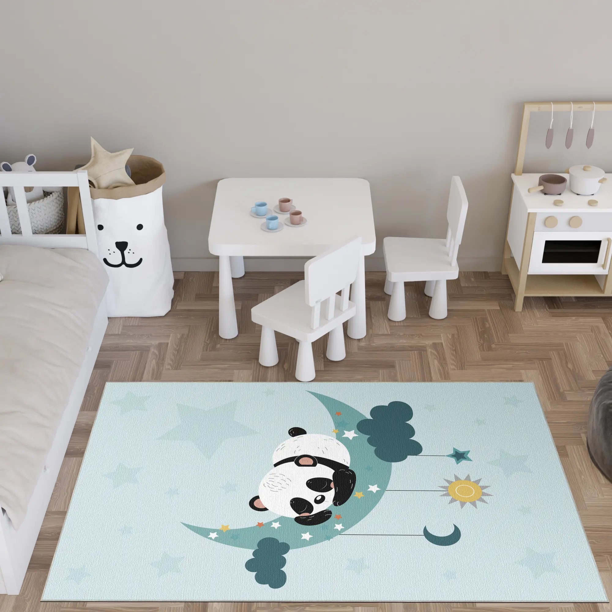 Träumender Schlafender Panda-Mond Kinderteppich