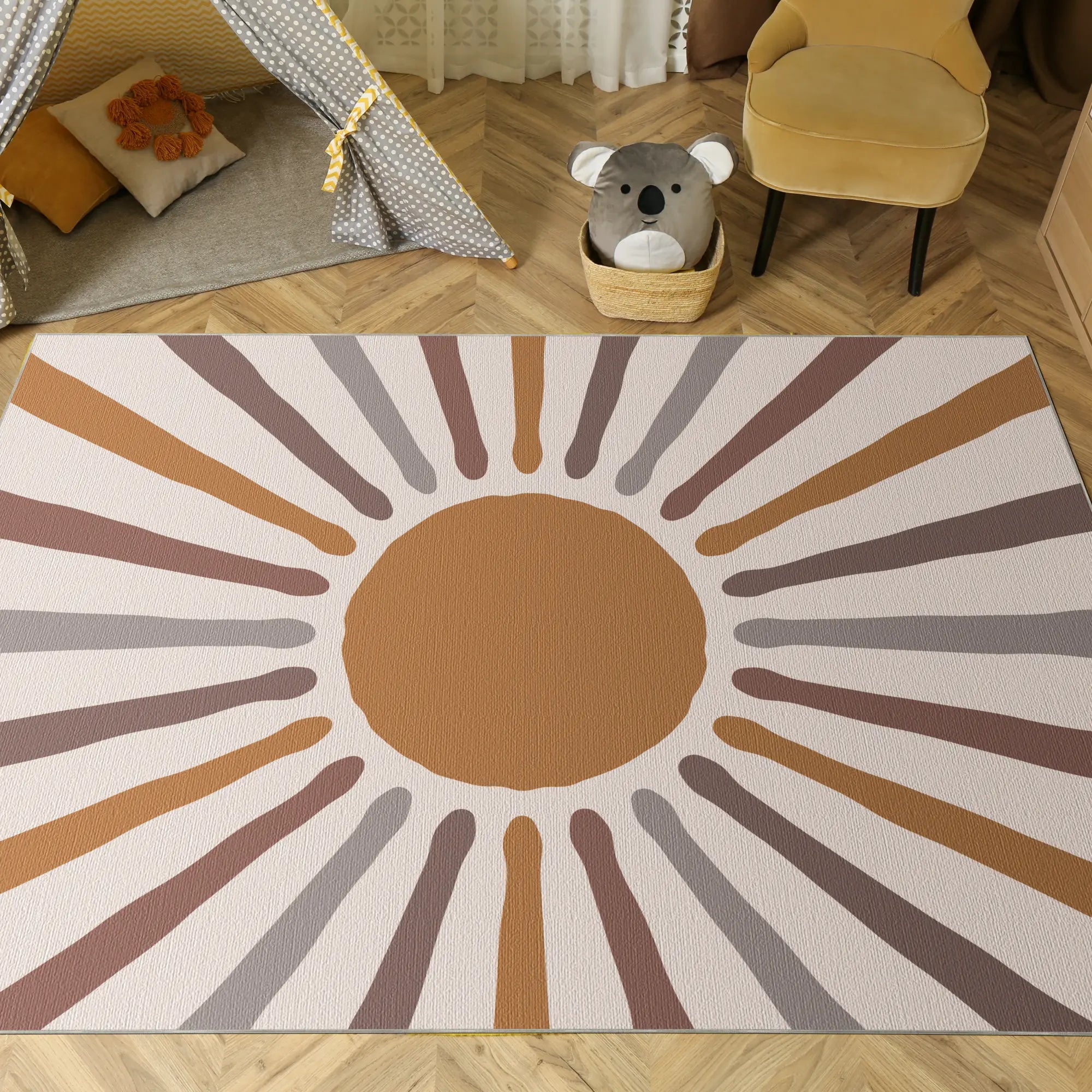Erdiger Boho Sonnenstrahl Kinderteppich