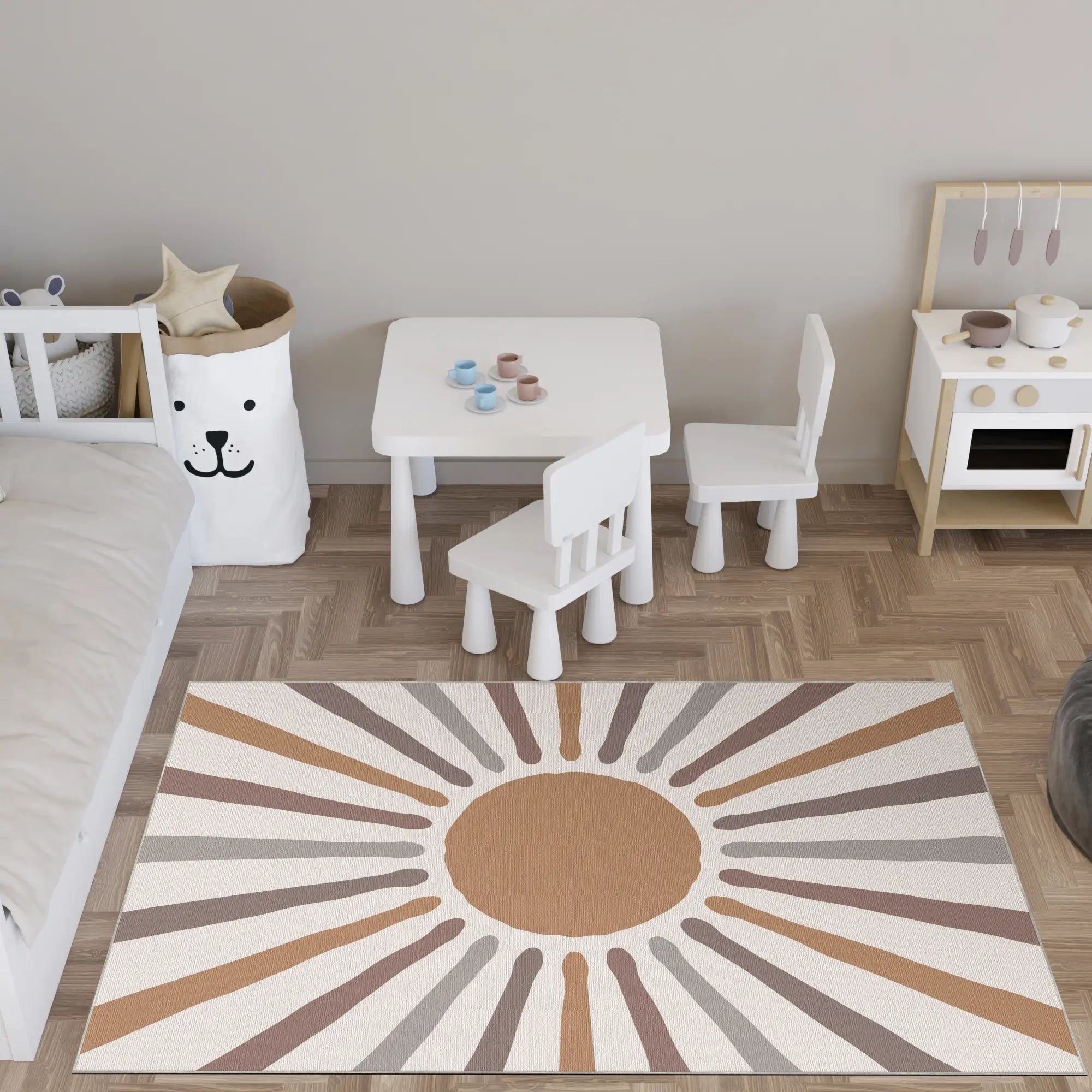 Erdiger Boho Sonnenstrahl Kinderteppich