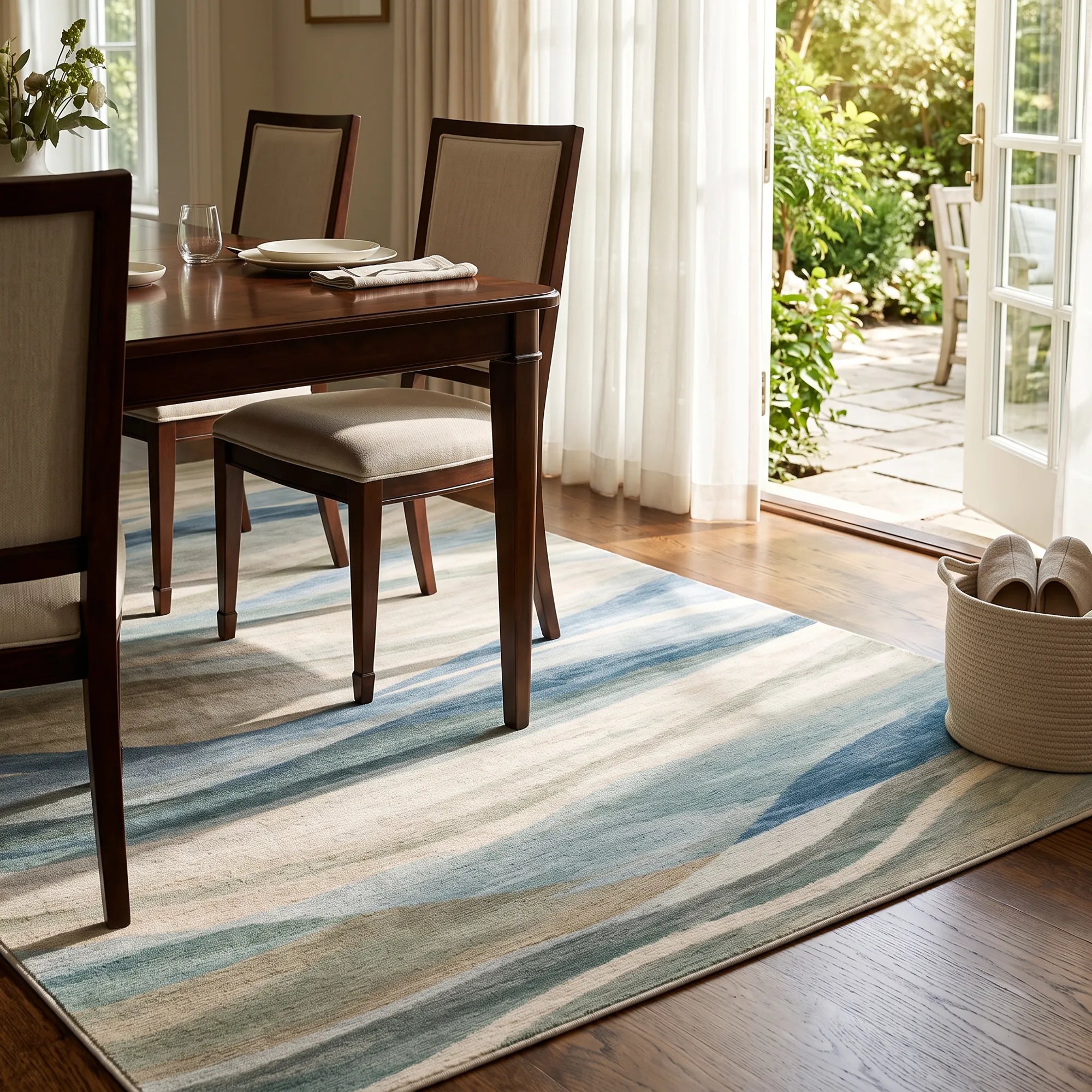 A rectangular area rug with an abstract watercolor-style pattern in shades of blue, beige, and gray, styled in a dining room setting under a wooden dining table and chairs.