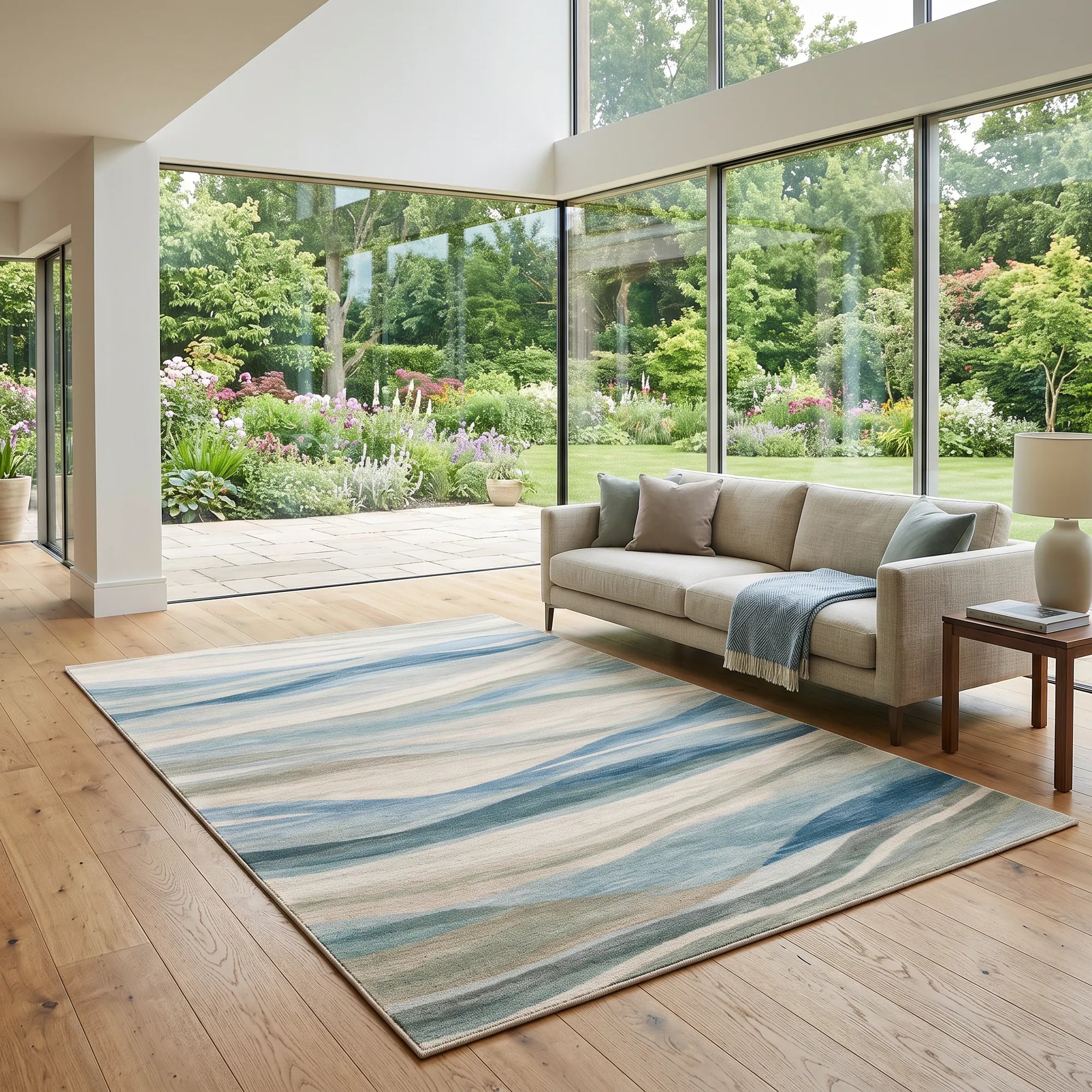 A large rectangular area rug with a wavy abstract pattern in shades of blue, beige, and gray, styled in a modern living room with a light beige sofa and a wooden floor, overlooking a lush green garden visible through large floor-to-ceiling windows.